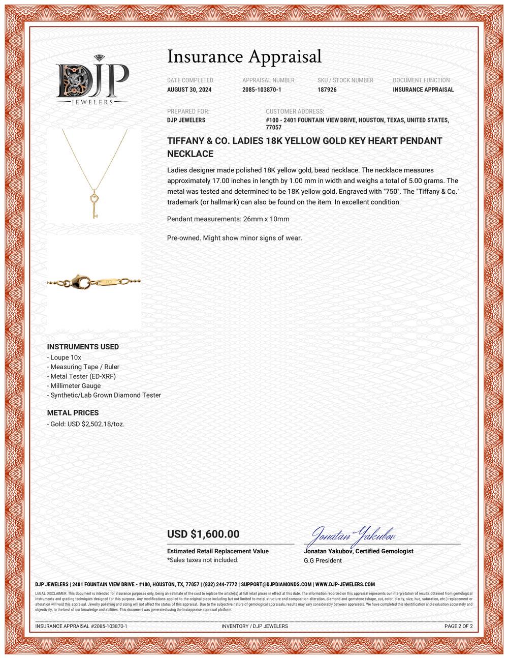 Tiffany & Co. Ladies 18K Yellow Gold Key Heart Pendant Necklace 5