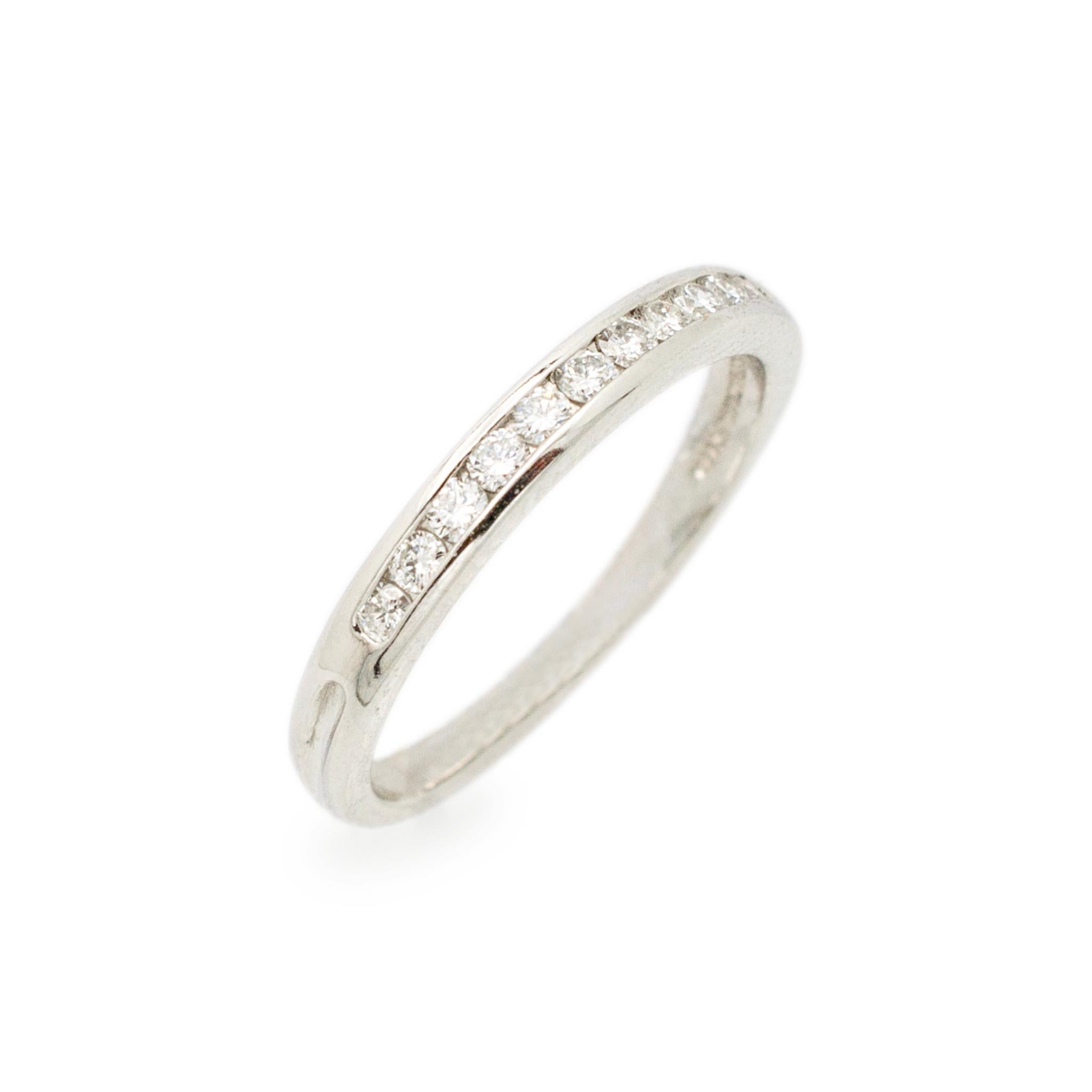 Brand: Tiffany & Co.

Gender: Ladies

Metal Type: Platinum

Size: 6

Shank Maximum Width: 2.50 mm

Weight: 3.00 grams

Ladies 950 platinum diamond wedding band with a half-round shank. Engraved with 