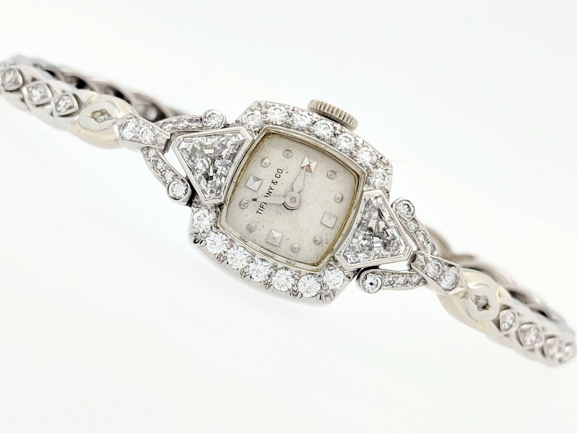 Round Cut Tiffany & Co. Ladies Platinum Diamond Manual Wristwatch, 1930s