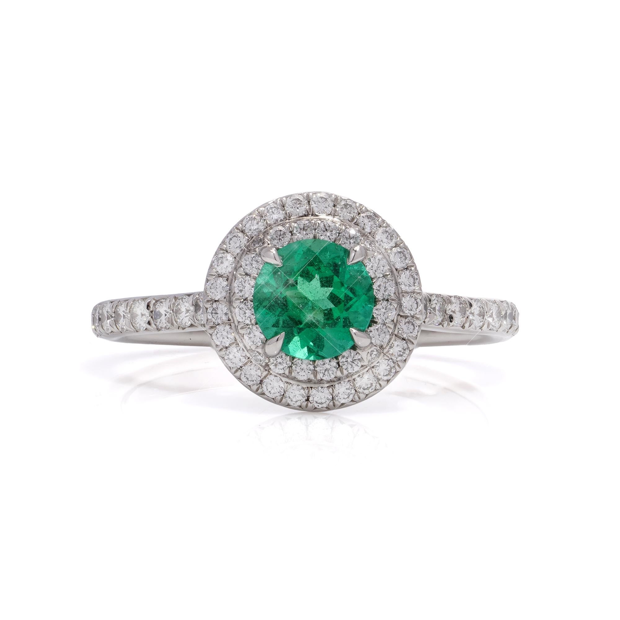Brilliant Cut Tiffany & Co ladies platinum emerald and diamond ring