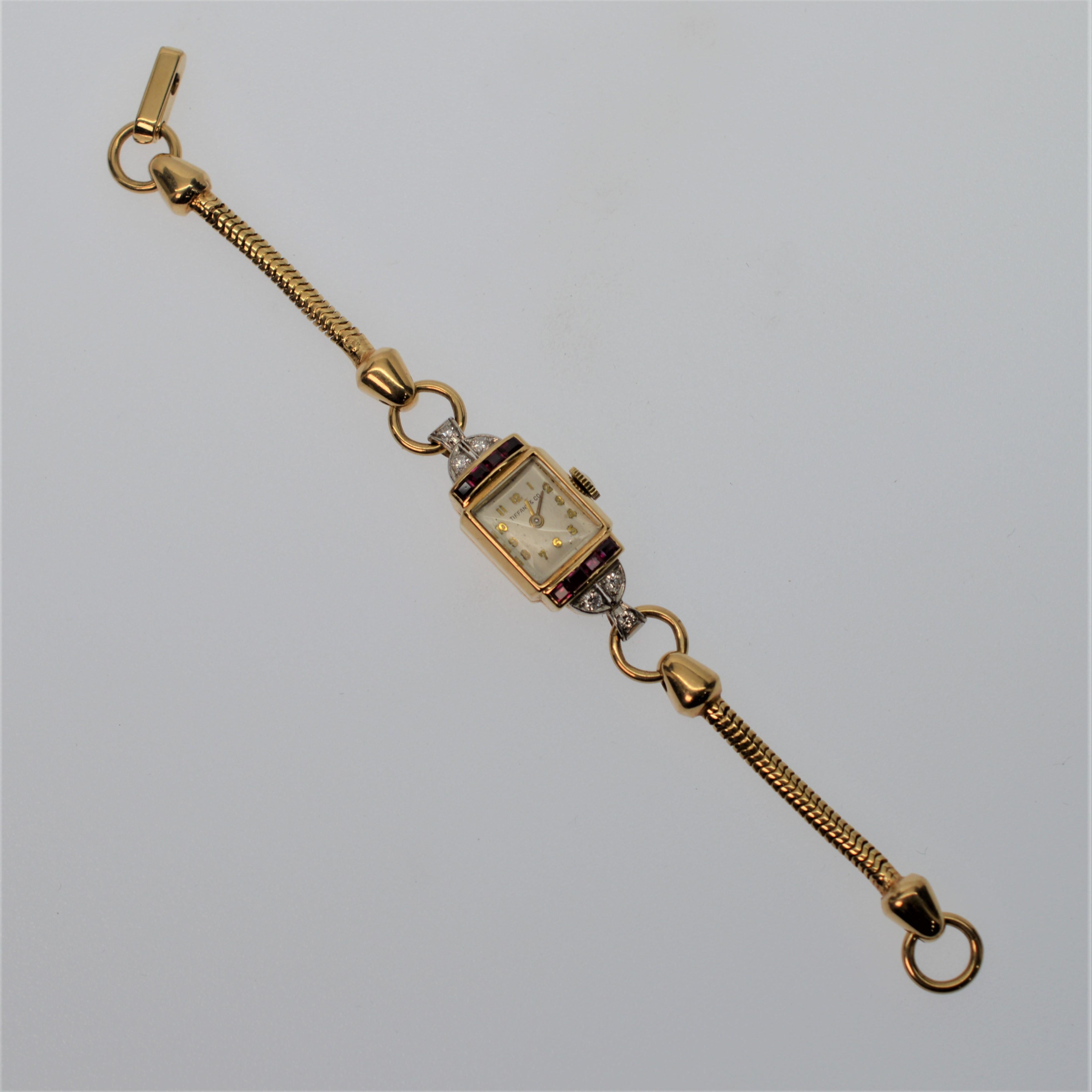 Modern Tiffany & Co. Ladies Ruby & Diamond 14k Yellow Gold Watch Bracelet