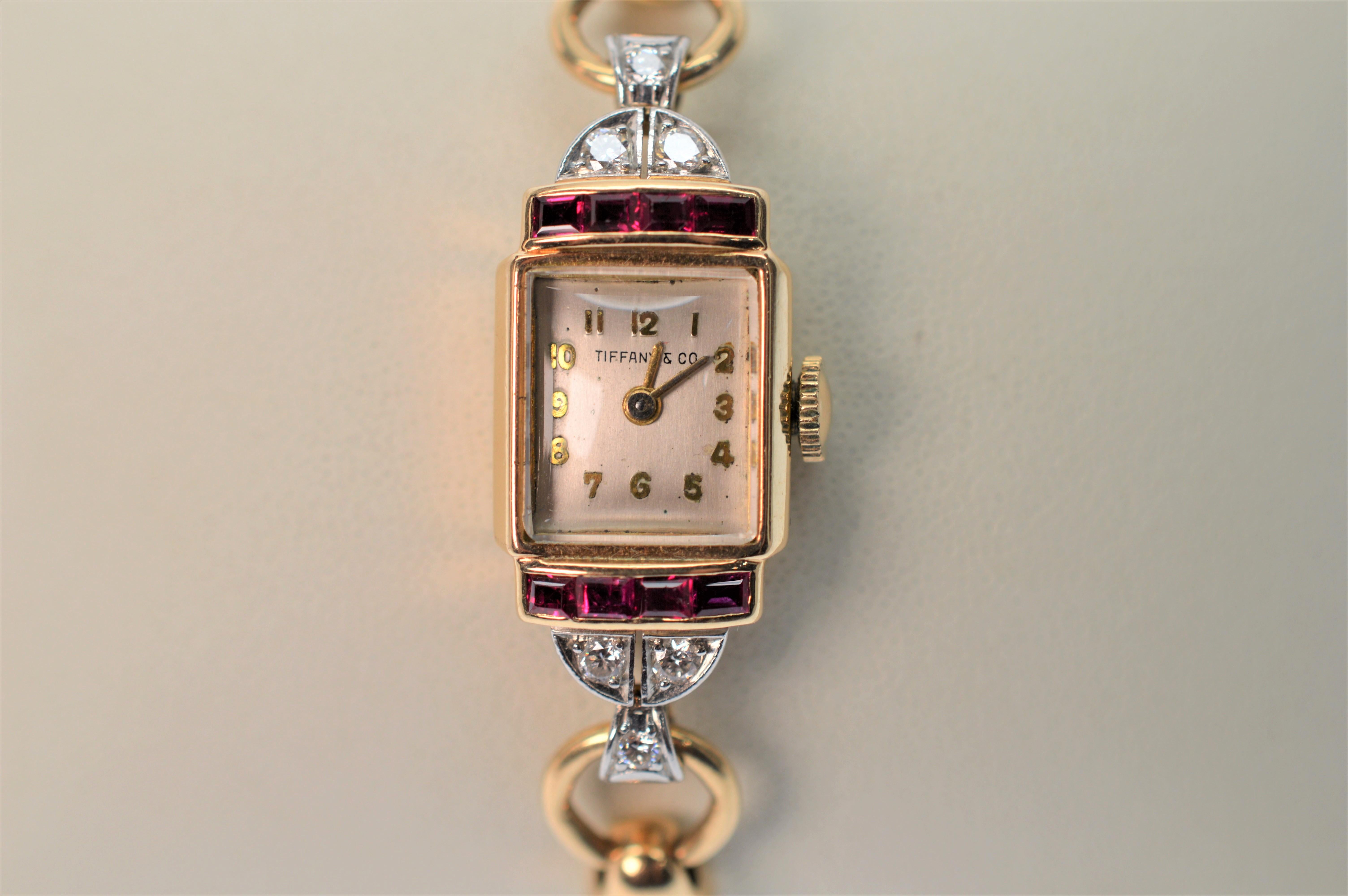 Tiffany & Co. Ladies Ruby & Diamond 14k Yellow Gold Watch Bracelet In Good Condition In Mount Kisco, NY