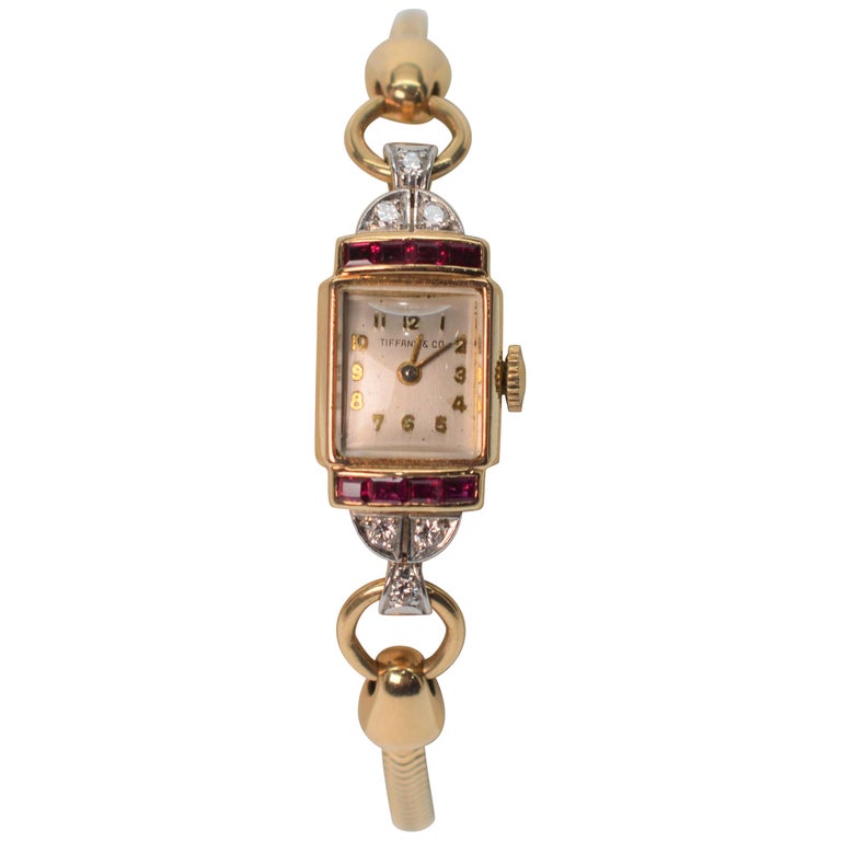 Tiffany and Co. Ladies Ruby and Diamond 14k Yellow Gold Watch Bracelet ...