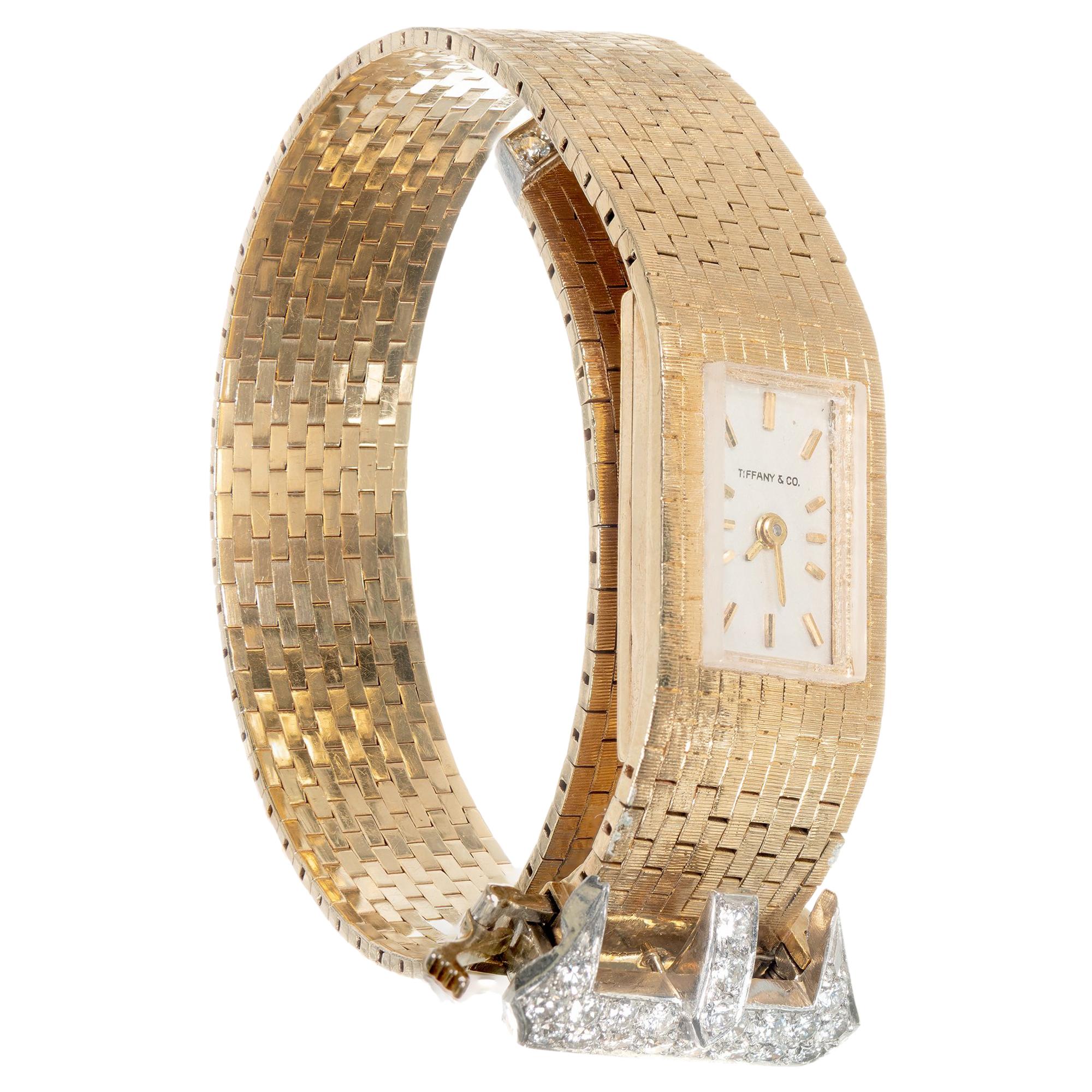 Tiffany & Co. Ladies Yellow Gold Diamond Buckle Bracelet Wristwatch, circa 1950s