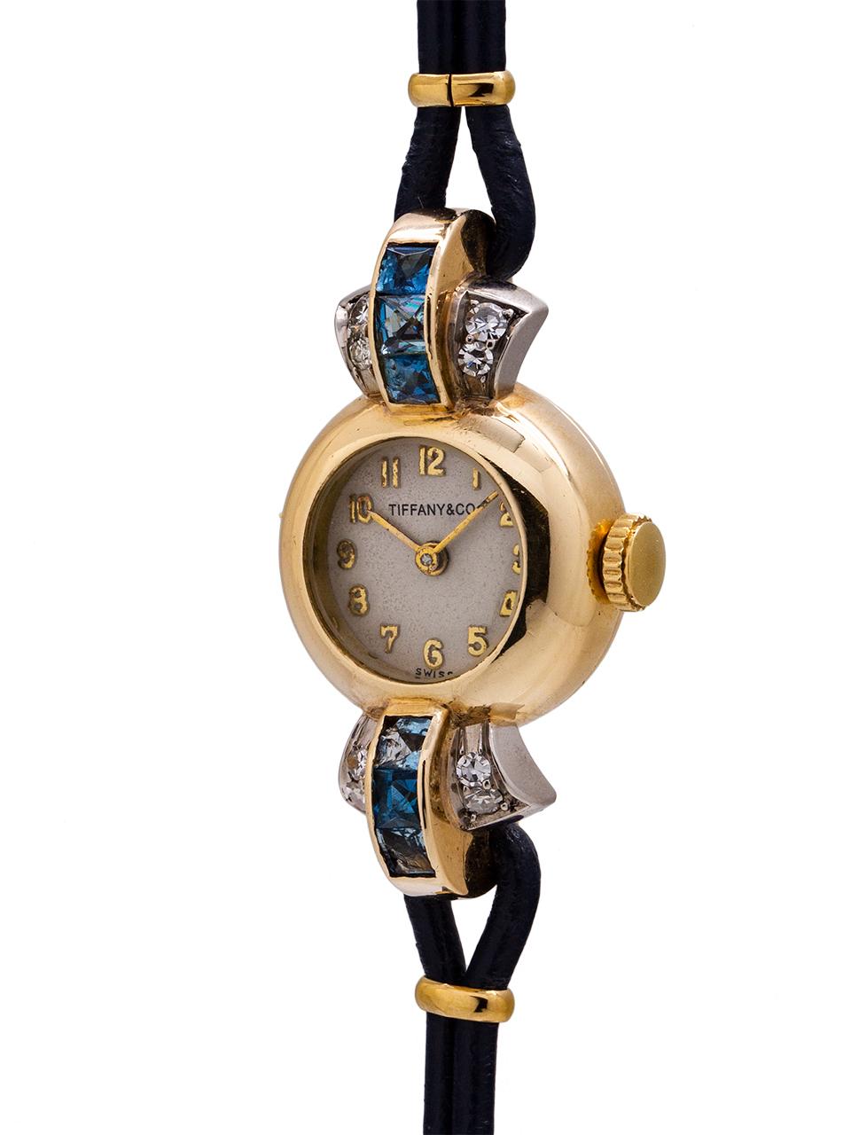 Retro Tiffany & Co. Lady's 14 Karat Yellow Gold Sapphire and Diamond Watch circa 1940s
