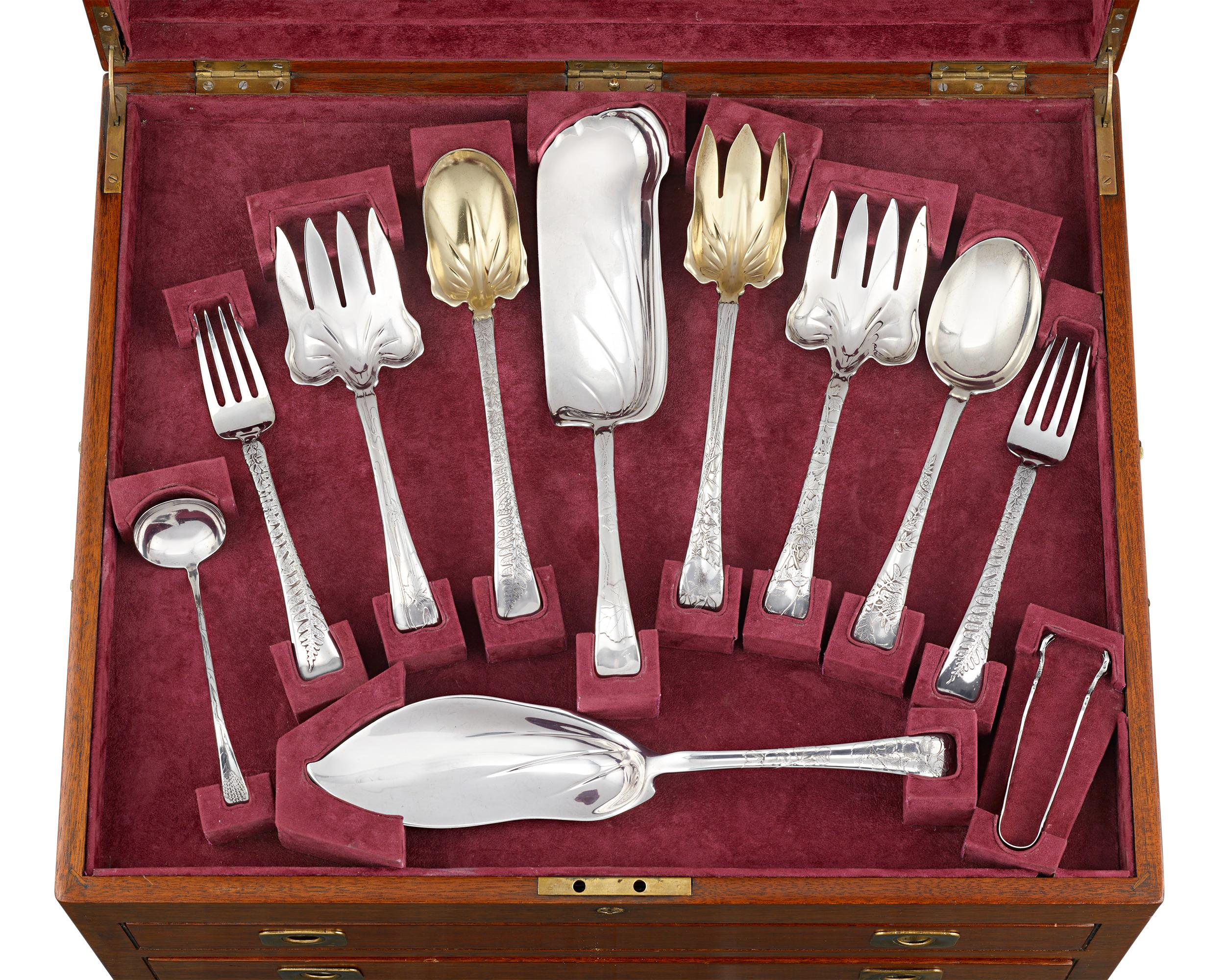 This monumental 248-piece sterling silver flatware service was crafted by the legendary Tiffany & Co. and features the exceptional Lap-Over Edge pattern. This intricate, nature-inspired pattern is widely regarded as one of the firm's most innovative