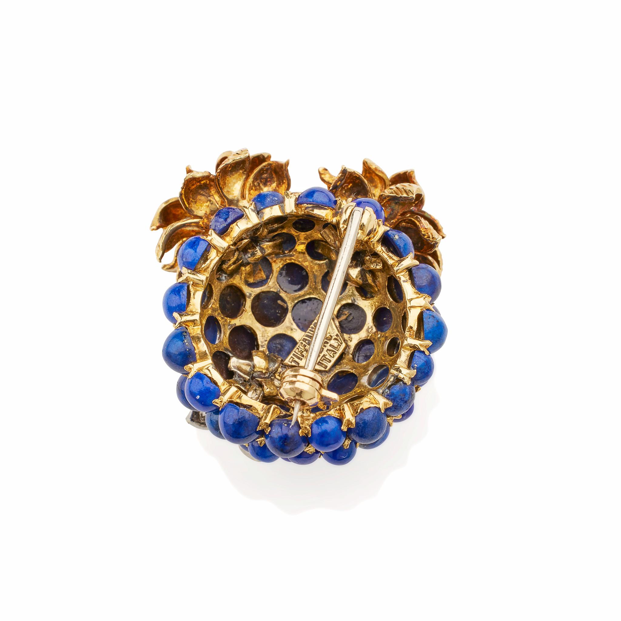 Round Cut Tiffany & Co. Lapis and Diamond Blossom Clip Brooch For Sale