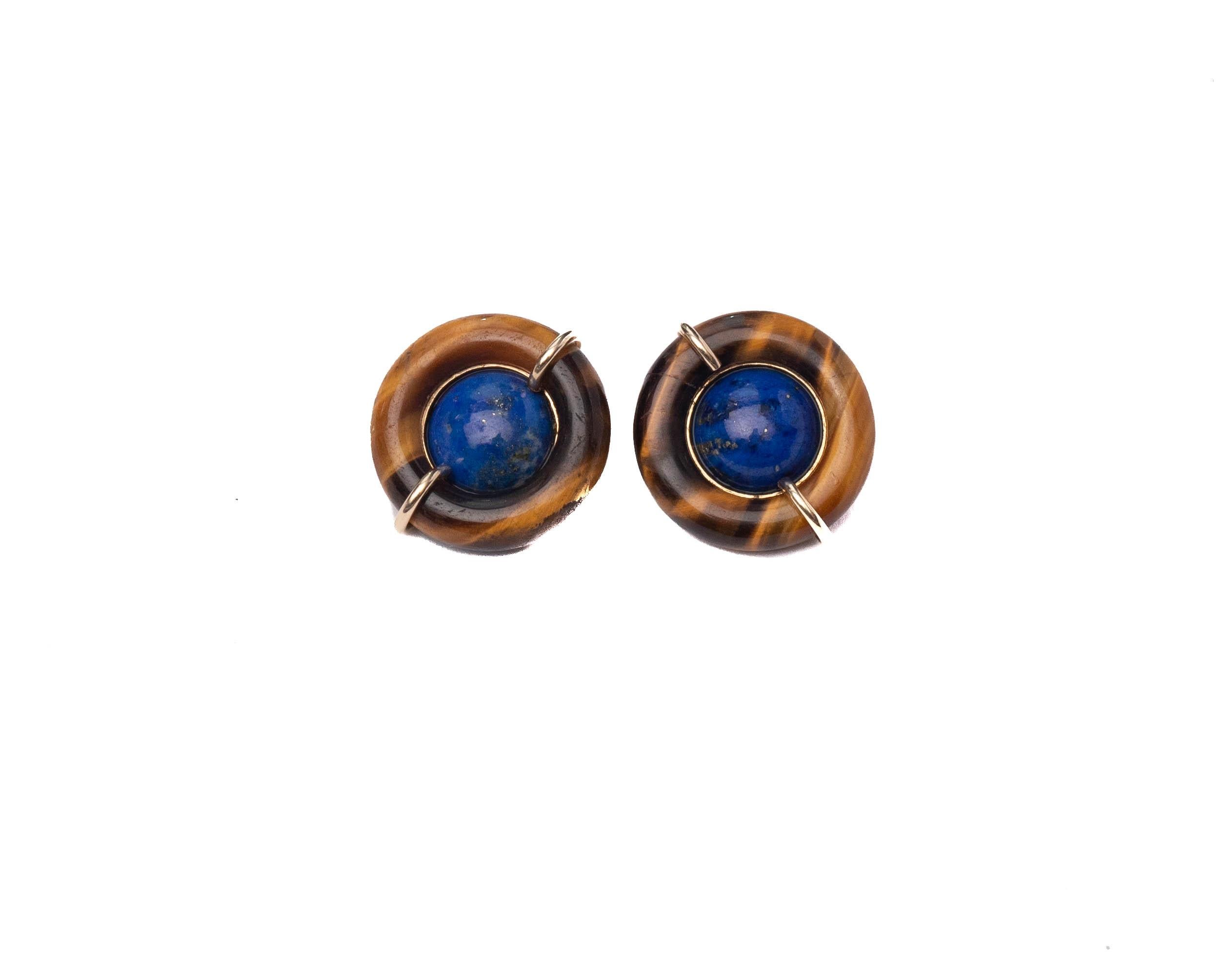 Round Cut Tiffany & Co. Lapis and Tiger's Eye Clip-On Earrings
