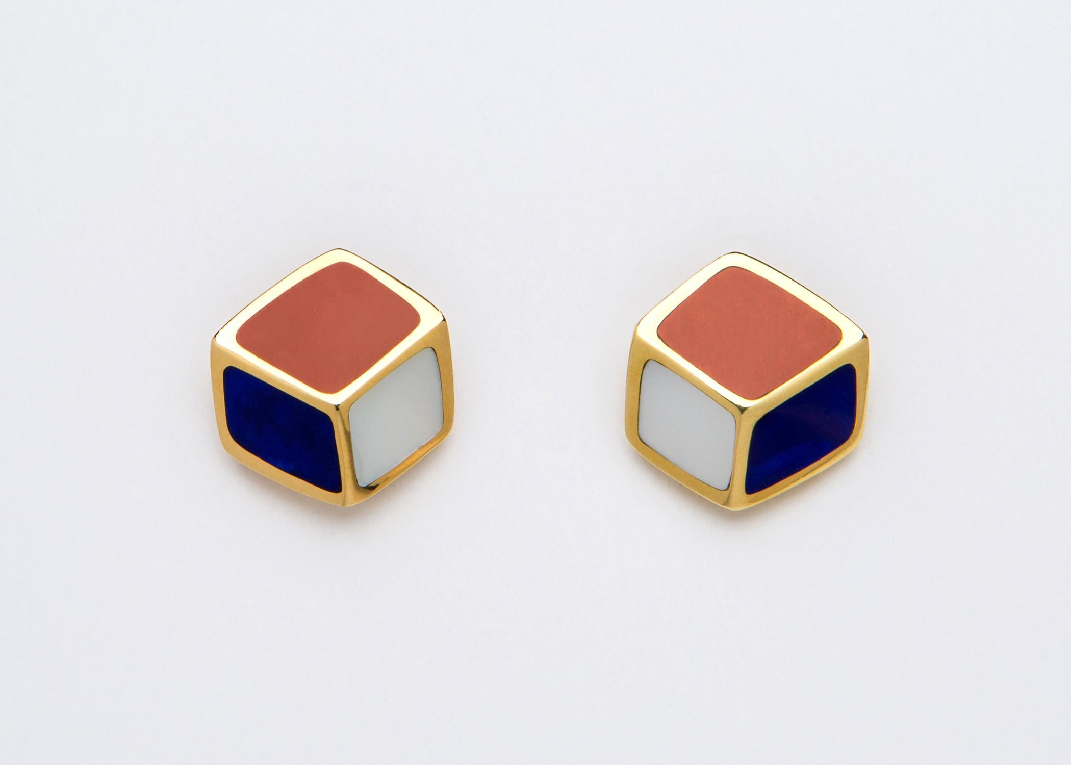 Tiffany & Co. Lapis Carnelian Mother-of-Pearl Gold Geometric Earrings In Excellent Condition In Atlanta, GA