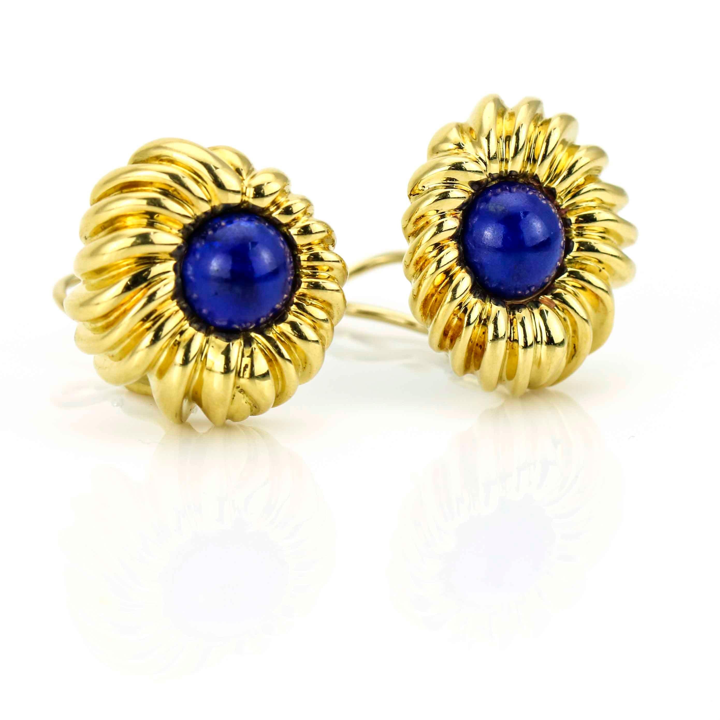 Lapis Lazuli retro earrings by Tiffany & Co. crafted in 18 karat yellow gold. Omega backs. The cabochon lapis stones have beautiful deep blue color.