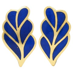 Tiffany & Co. Lapis Lazuli 18 Karat Yellow Gold Vintage Leaf Ear-Clip Earrings