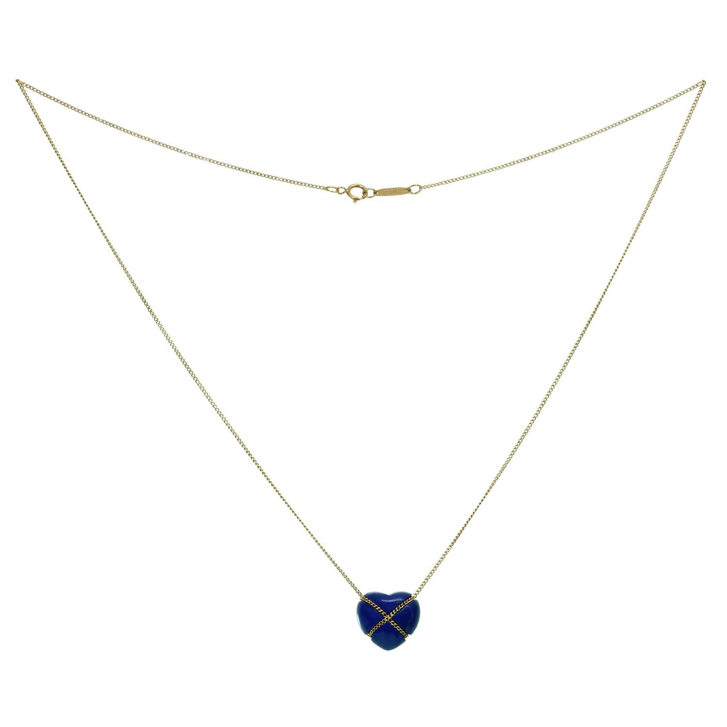 Heart Cut Tiffany & Co. Lapis Lazuli 18k Yellow Gold Crossover Heart Pendant Necklace For Sale