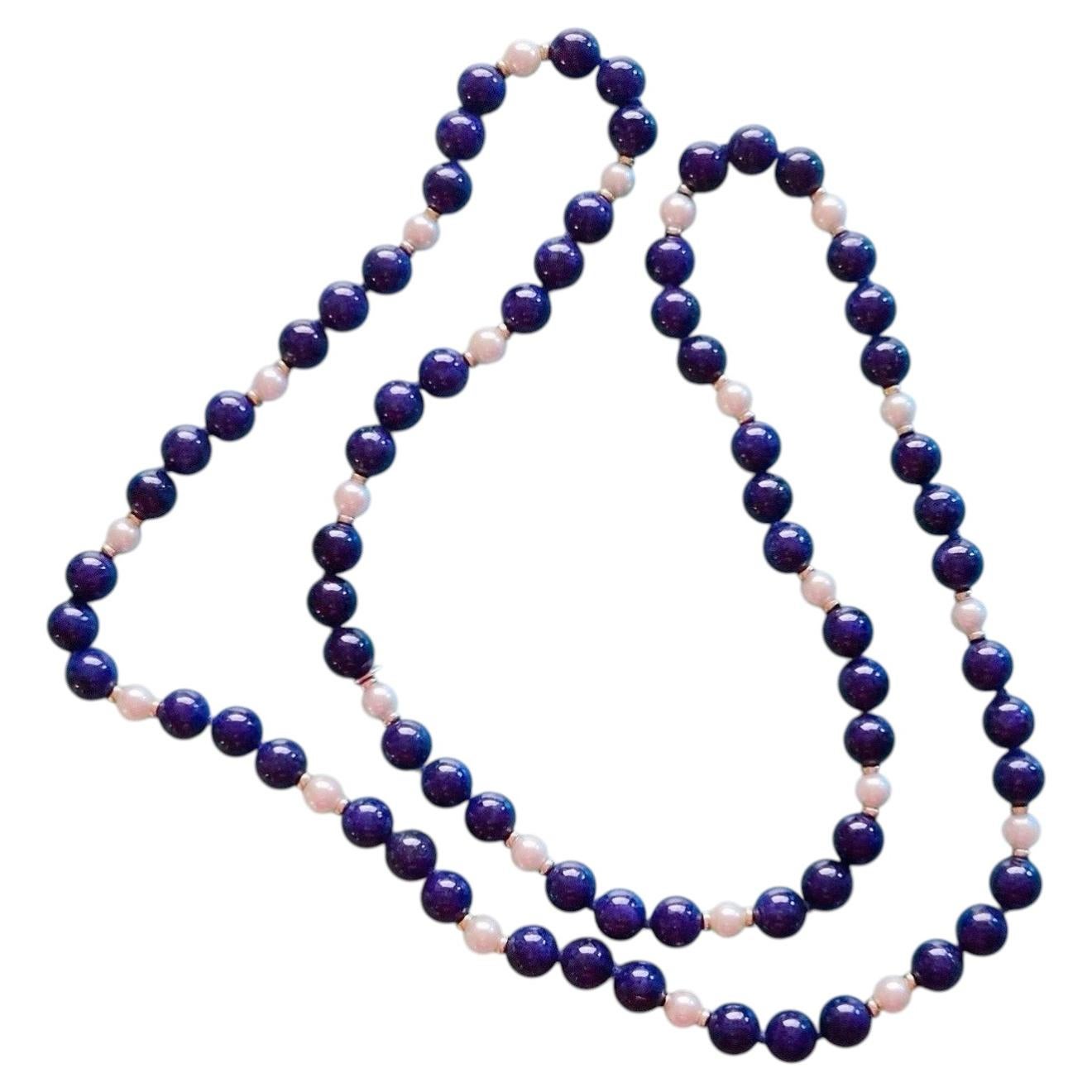 Tiffany & Co. Lapis Lazuli Bead 14K Gold Necklace with Pearl Accents 29 in For Sale