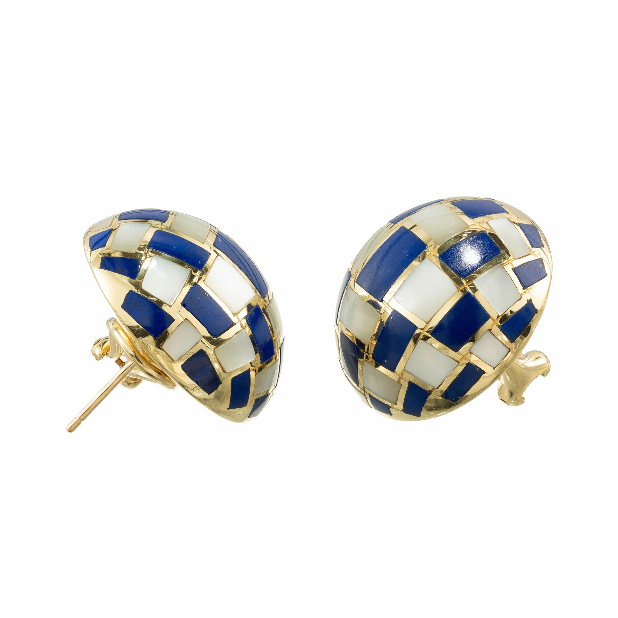Tiffany & Co 18k yellow gold dome earrings featuring a checkerboard pattern of inlaid mother of pearl and lapis lazuli rectangles outlined in wide lines of 18k yellow gold. Tiffany & Co stamped on earrings. T + Co stamped on posts. 

Lapis