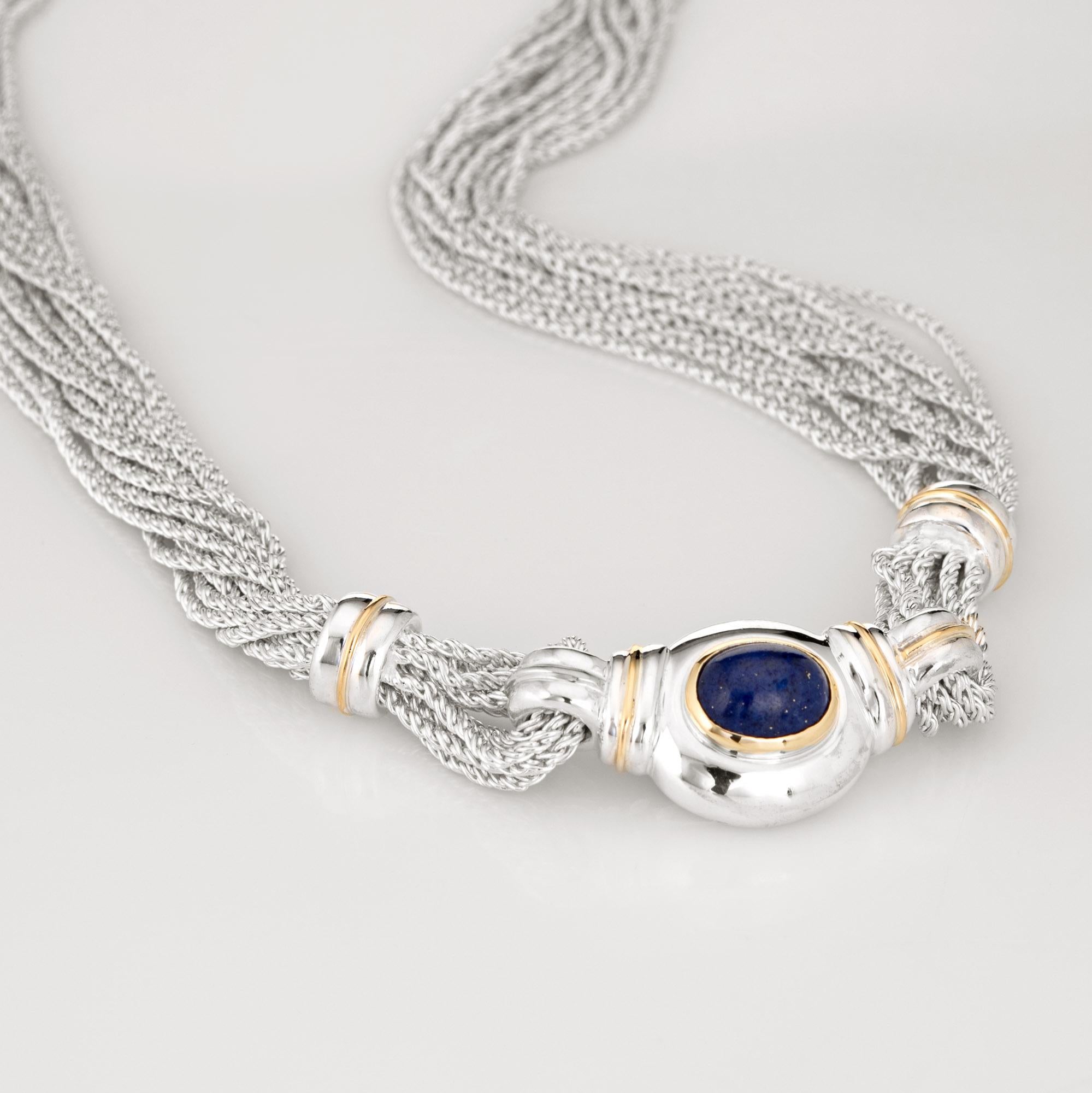 Elegant and finely detailed vintage Tiffany & Co lapis lazuli multi strand necklace, crafted in sterling silver and 18 karat yellow gold (circa 1990s).  

Lapis lazuli cabochon measures 10mm x 8mm. The lapis is in very good condition and free of