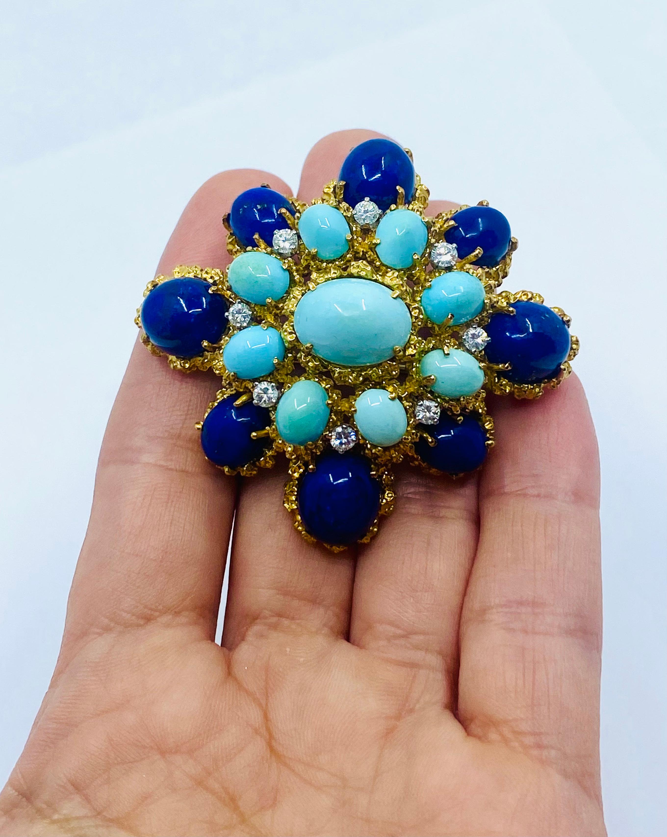 DESIGNER: Tiffany & Co.
CIRCA: 1970’s
MATERIALS: 18k Yellow Gold
GEMSTONE: Lapis Lazuli  and Turquoise
GEMSTONE 2: 1 cts Round Brilliant Cut Diamond
WEIGHT: 45.1 grams
MEASUREMENTS: 2- 1/4” x 2”
HALLMARKS: Tiffany & Co. 

ITEM DETAILS:
A gorgeous