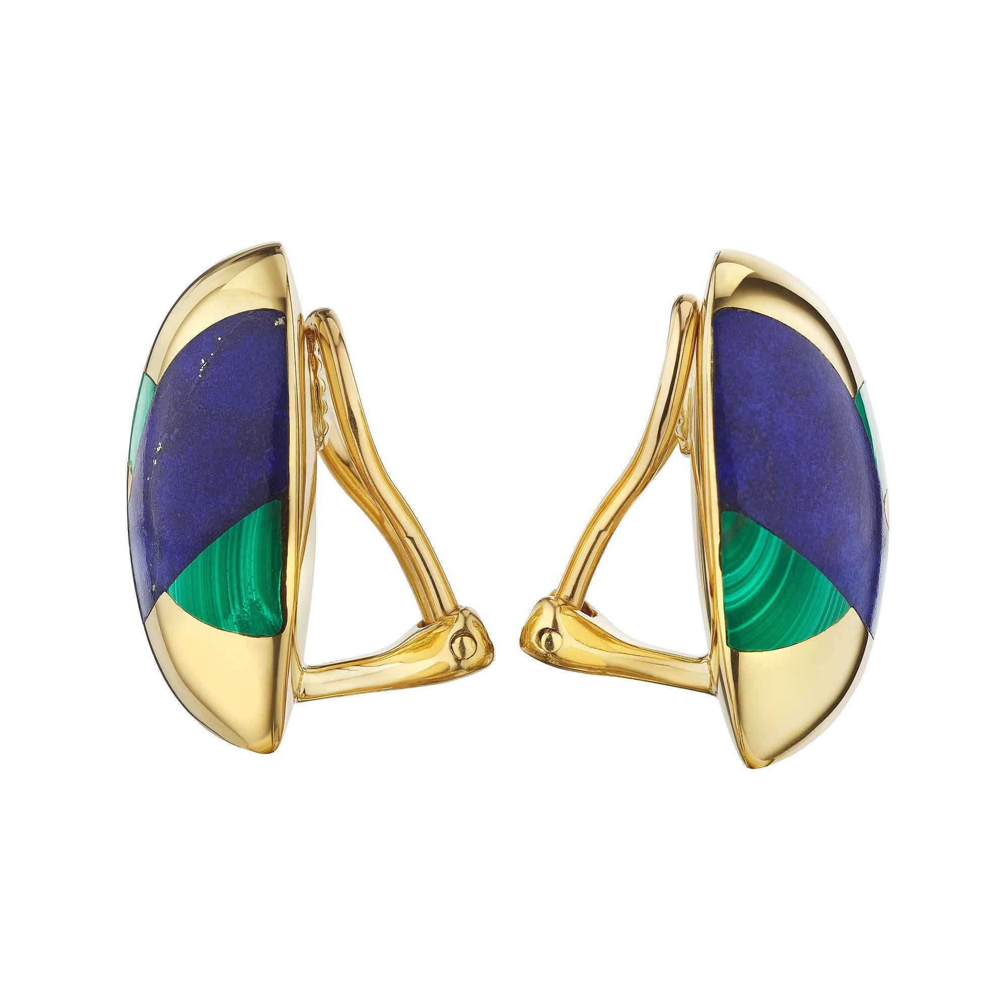 The carved intertwined inlaid design of deep cobalt blue lapis and lush leaf green malachite results in these vintage Tiffany & Co. earrings which are strikingly handsome and very collectible.  Signed Tiffany & Co.  Circa 1985-90.  9/10