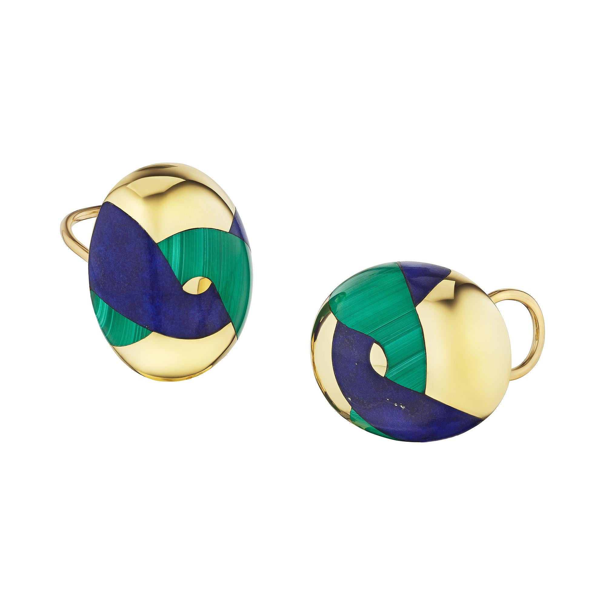 Tiffany & Co. Lapis Malachite Modernist Gold Clip Earrings In Excellent Condition In Greenwich, CT