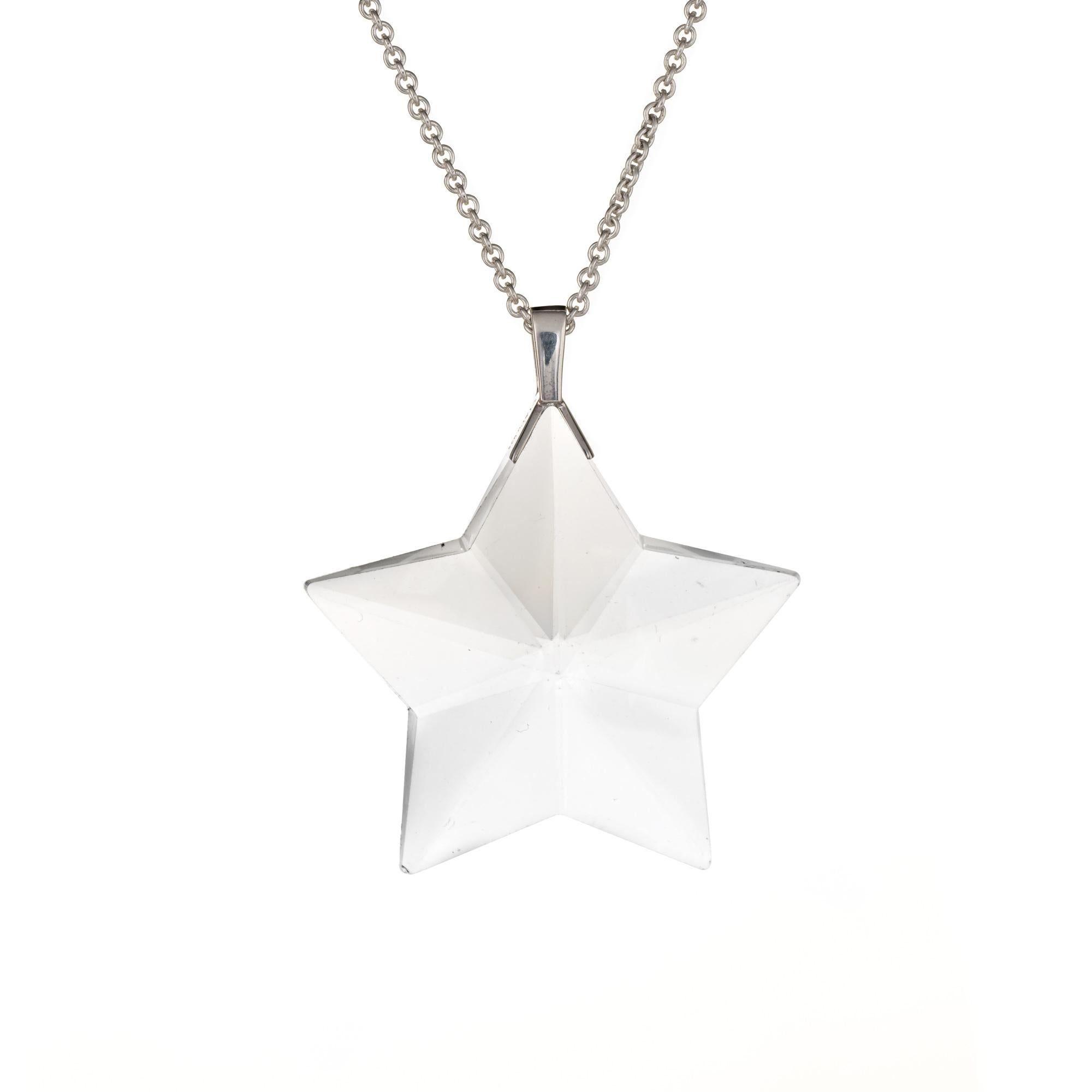 Finely detailed pre owned Tiffany & Co star crystal necklace crafted in sterling silver.  

The large crystal star measures 35mm diameter (1.37 inches). The stone is in excellent condition and free of cracks or chips. 

The necklace is a retired