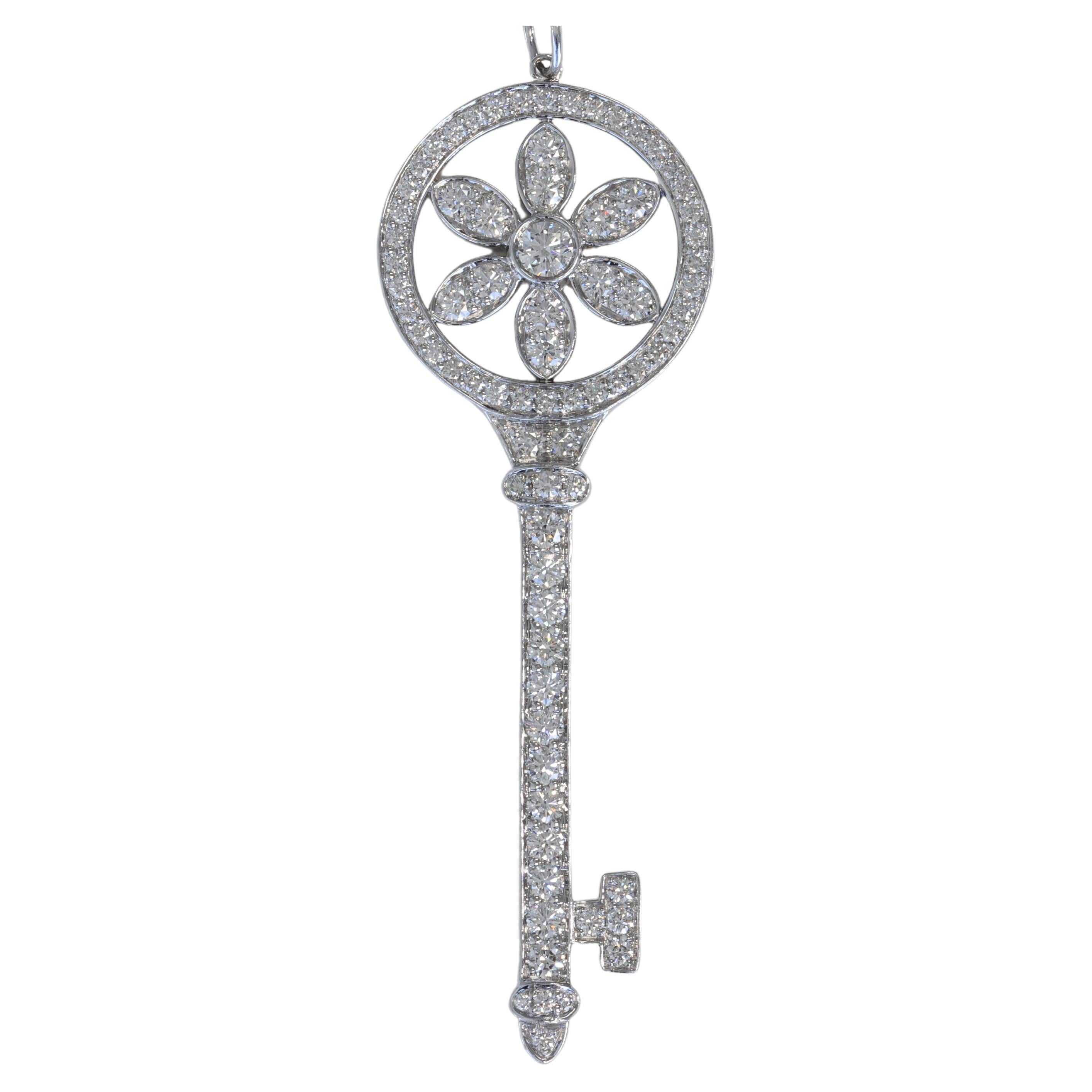 Tiffany & Co. Large Daisy Diamond & Platinum Key Pendant Long Oval Link Chain