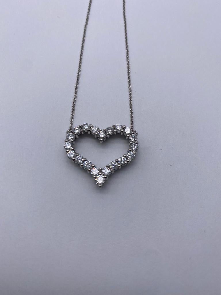 Round Cut Tiffany & Co. Large Diamond Open Heart Pendant in Platinum on a Necklace For Sale