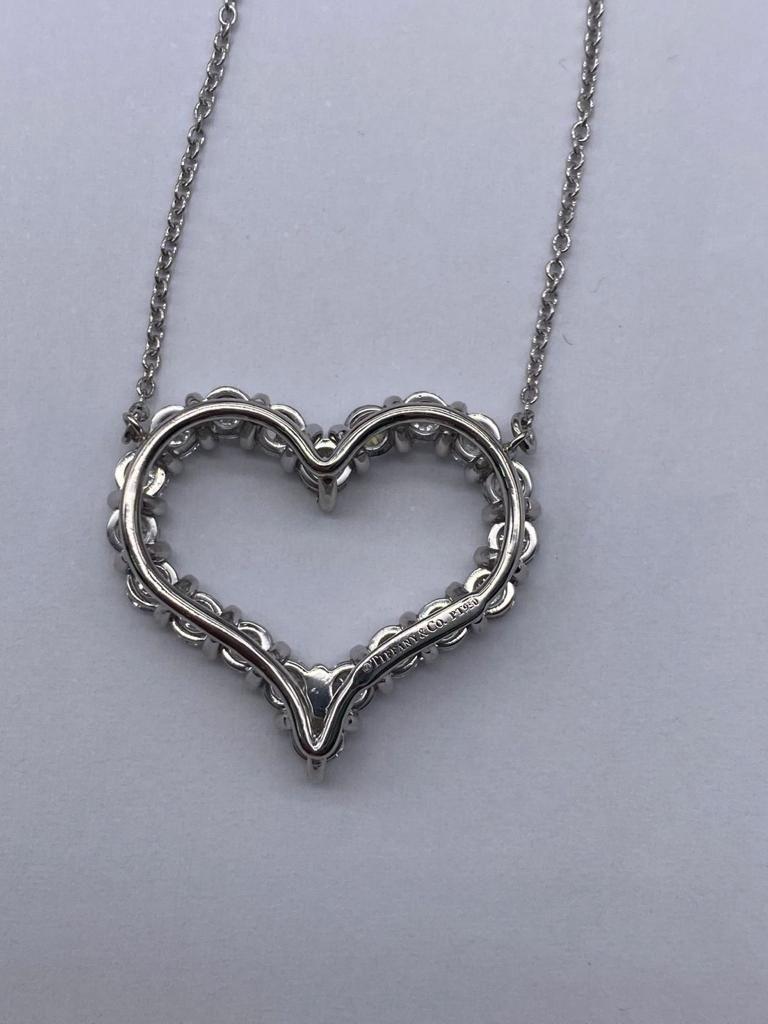 Tiffany & Co. Large Diamond Open Heart Pendant in Platinum on a Necklace In Excellent Condition For Sale In New York, NY