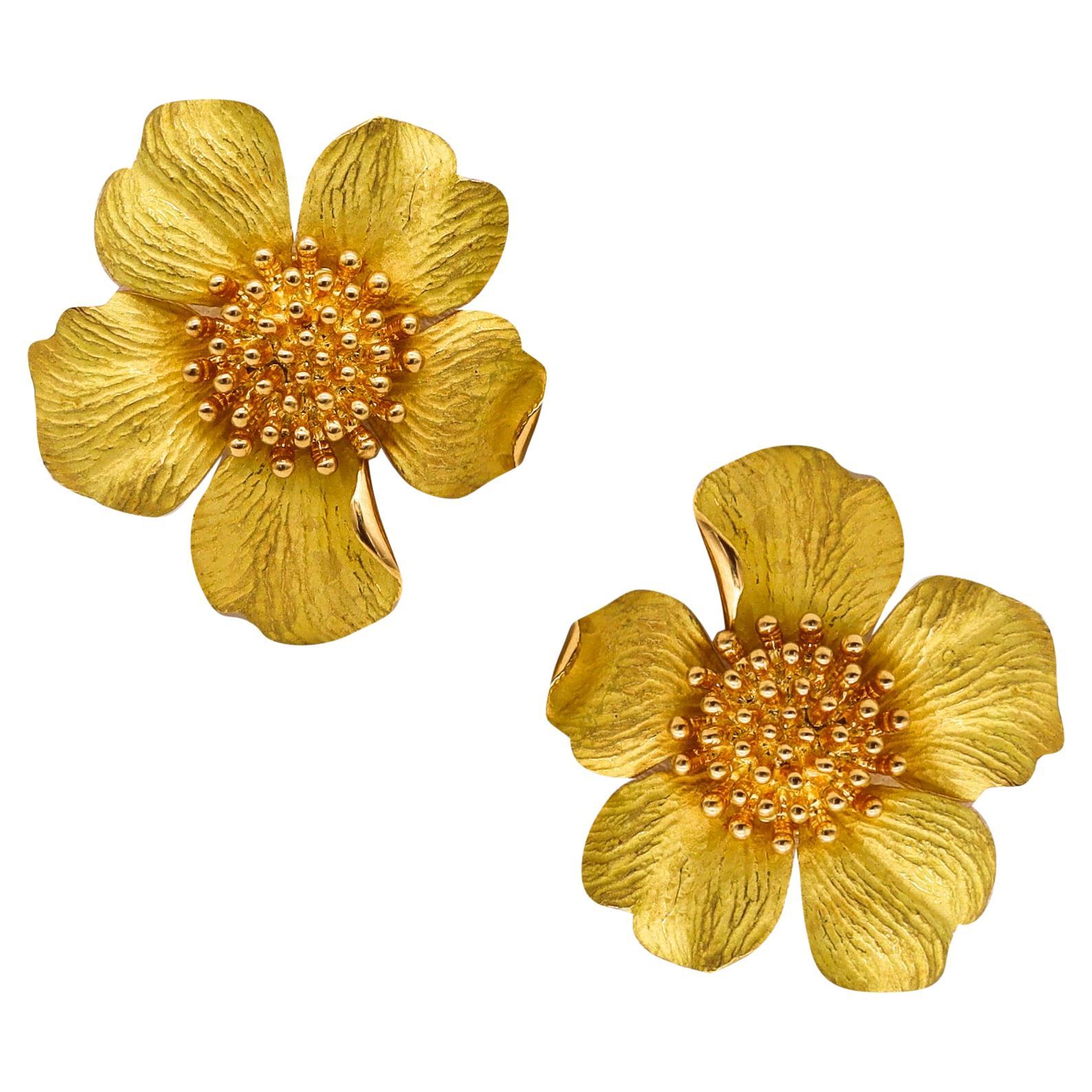 Tiffany & Co. Large Dogwood Wild Rose Flowers Earrings in Solid 18kt Yellow Gold