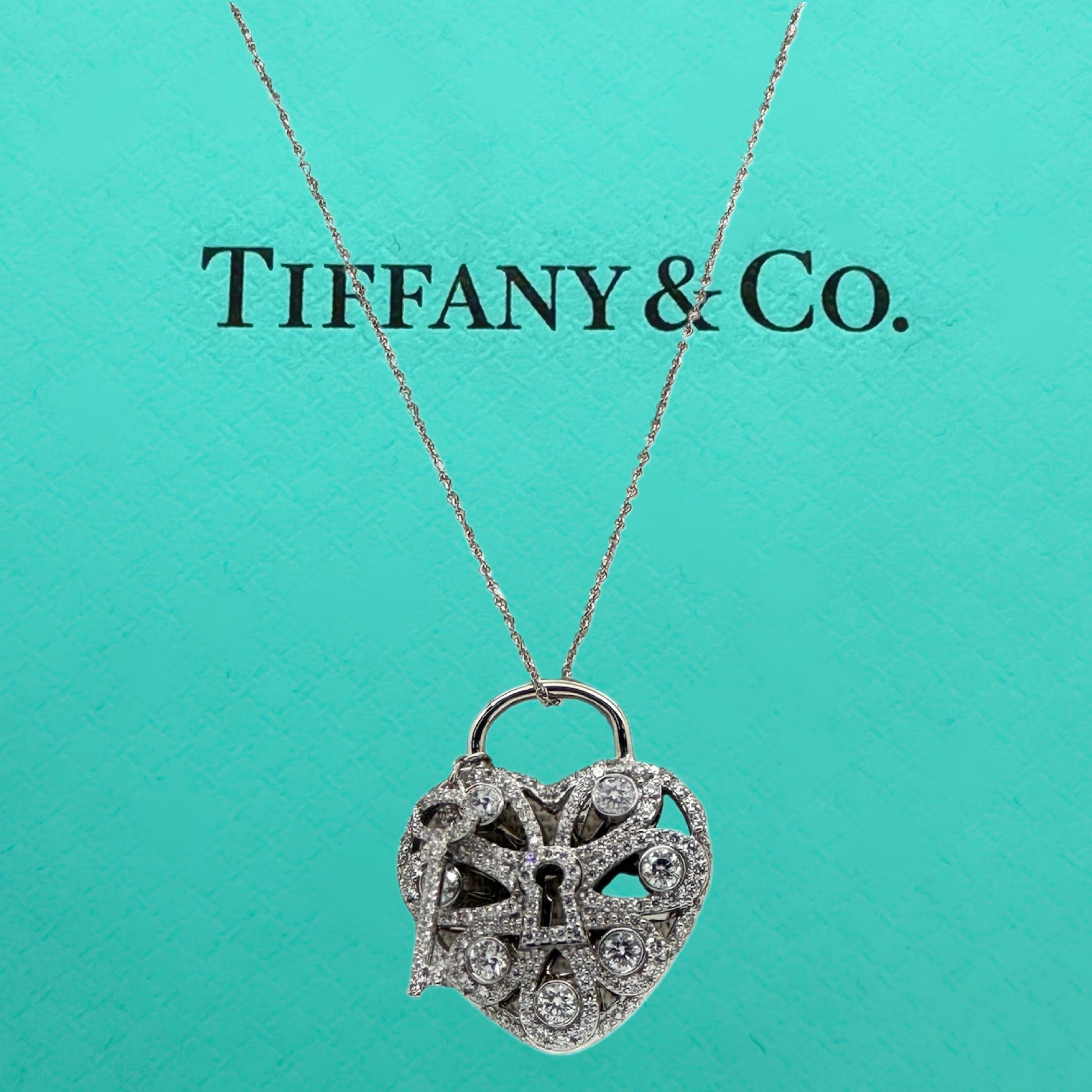 Round Cut Tiffany & Co. Large Filigree Heart Key Diamond Pendant Necklace 18kt White Gold For Sale