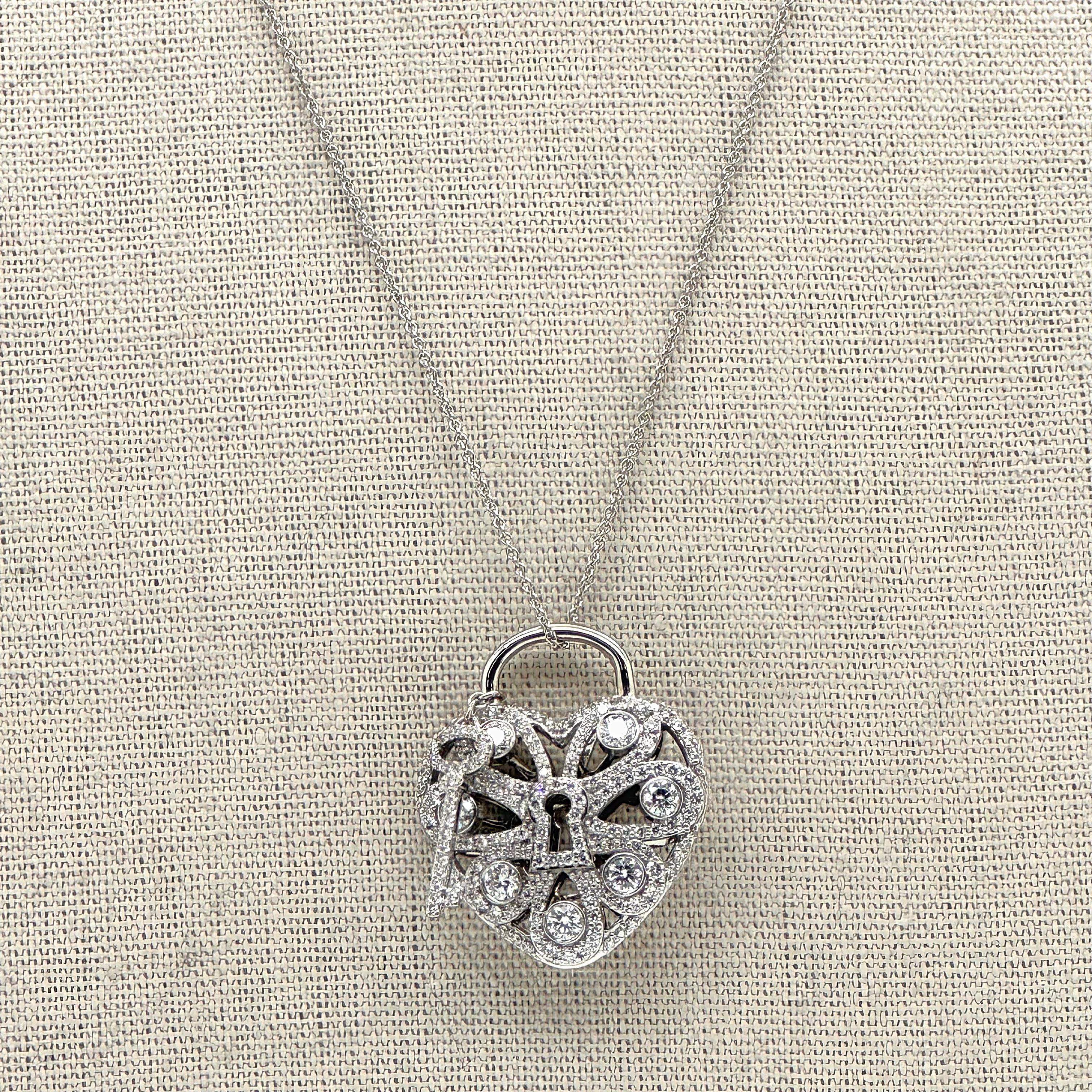 Tiffany & Co. Large Filigree Heart Key Diamond Pendant Necklace 18kt White Gold In Excellent Condition For Sale In San Diego, CA