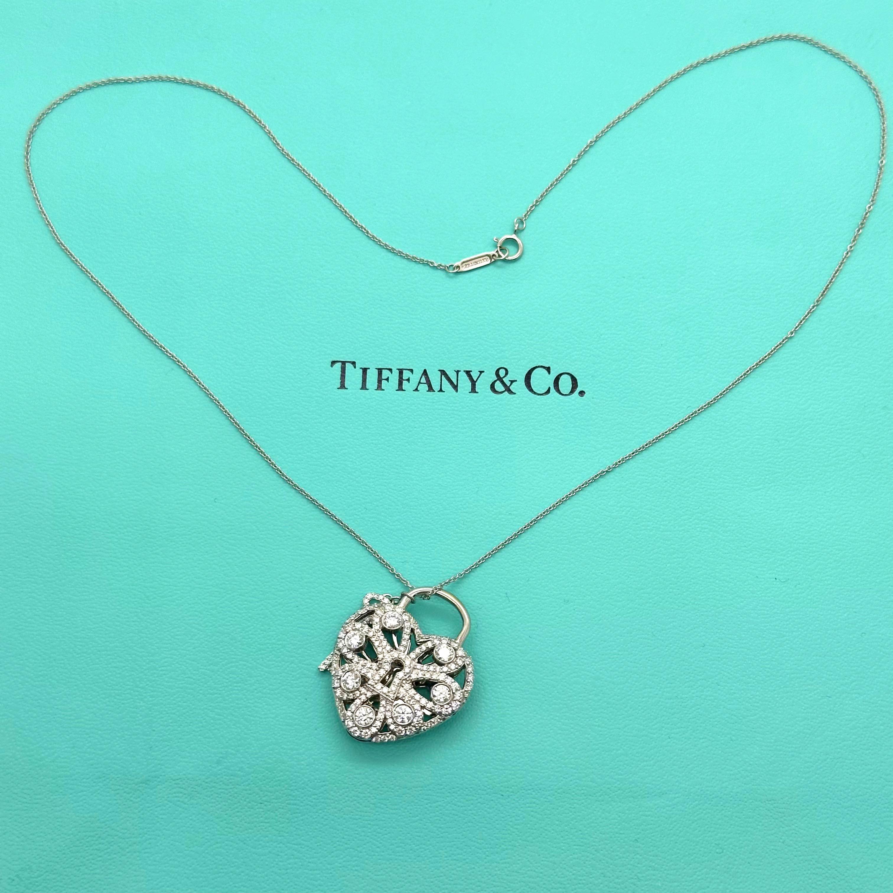 Women's Tiffany & Co. Large Filigree Heart Key Diamond Pendant Necklace 18kt White Gold For Sale
