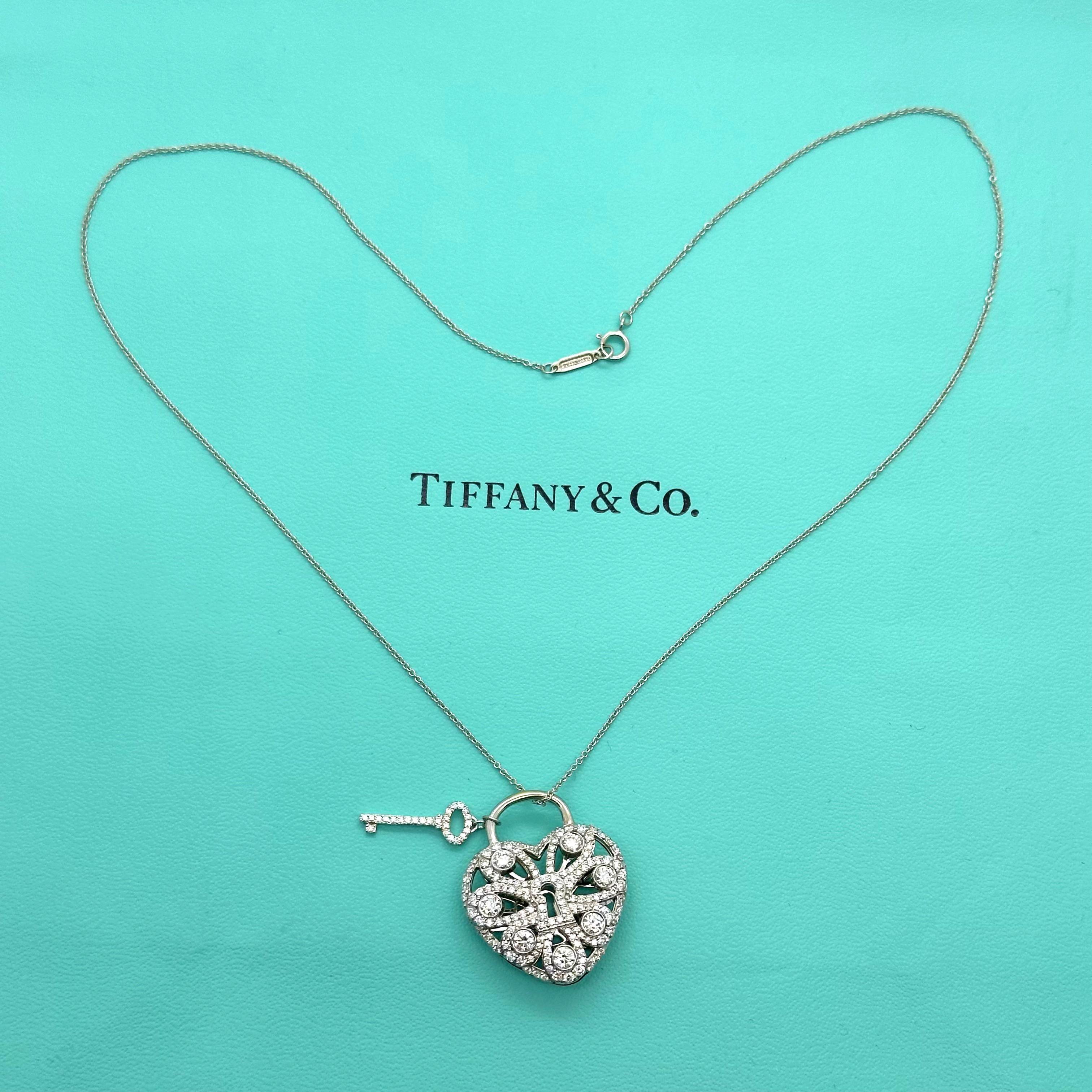 Tiffany & Co. Large Filigree Heart Key Diamond Pendant Necklace 18kt White Gold For Sale 1