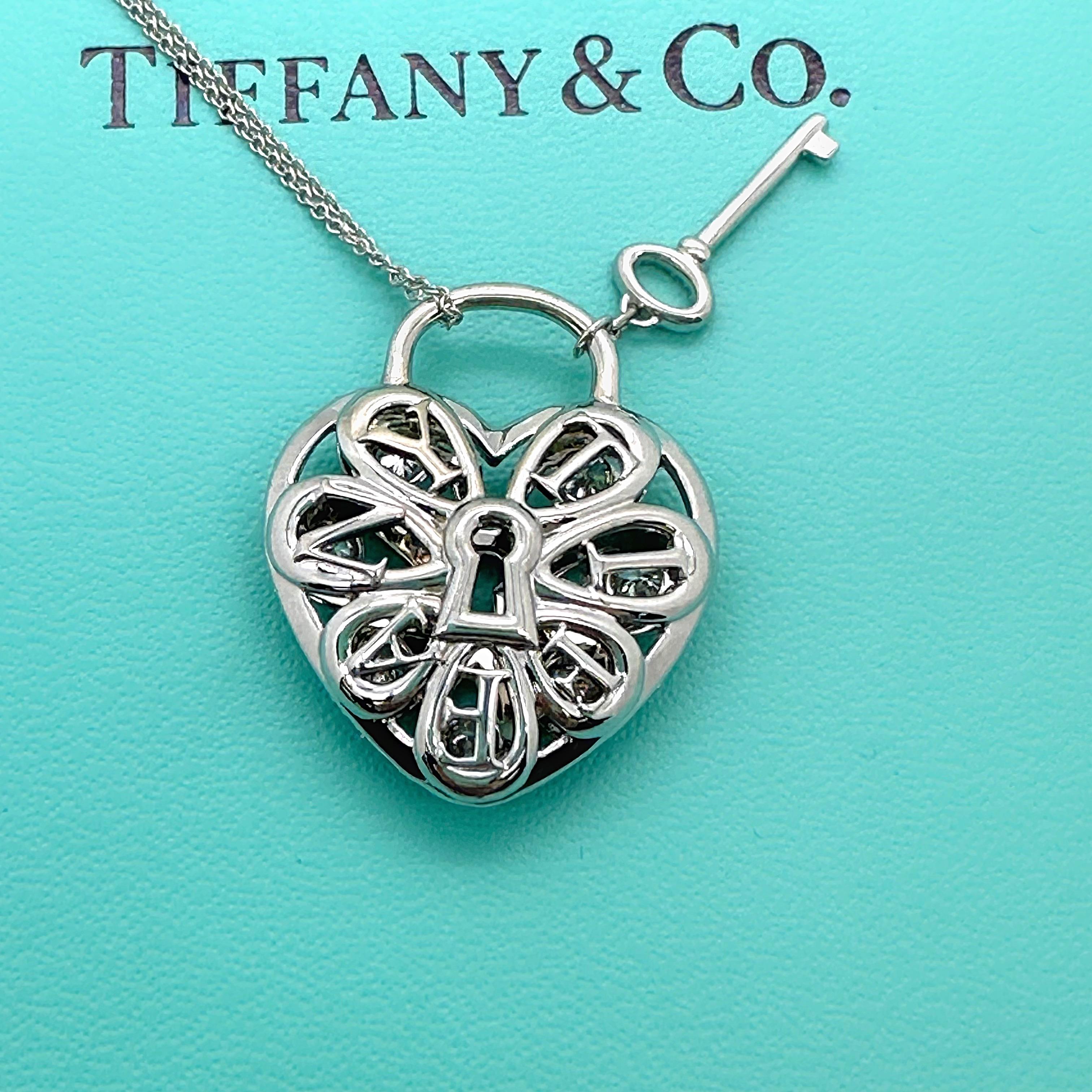 Tiffany & Co. Large Filigree Heart Key Diamond Pendant Necklace 18kt White Gold For Sale 4