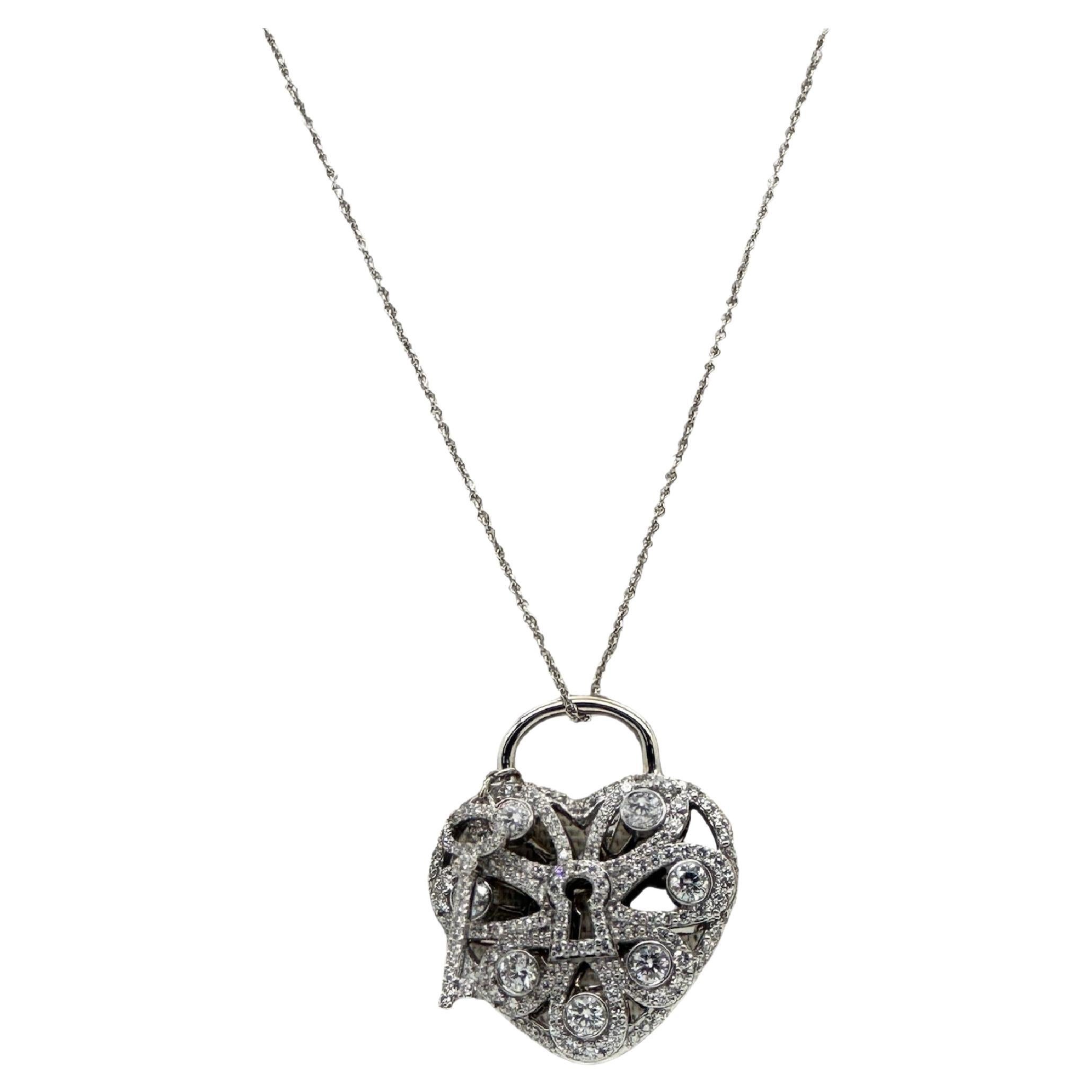Tiffany & Co. Large Filigree Heart Key Diamond Pendant Necklace 18kt White Gold For Sale