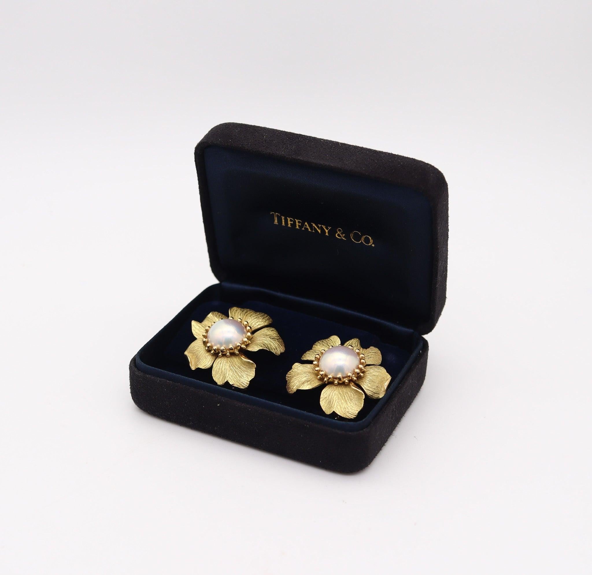 Pair of flowers earrings designed by Tiffany & Co.

This is a very nice pair of large clips-on earrings, created by Tiffany & Co. back in the late 1970. The earrings were designed in the shape of a five-petals flower, masterfully crafted in solid