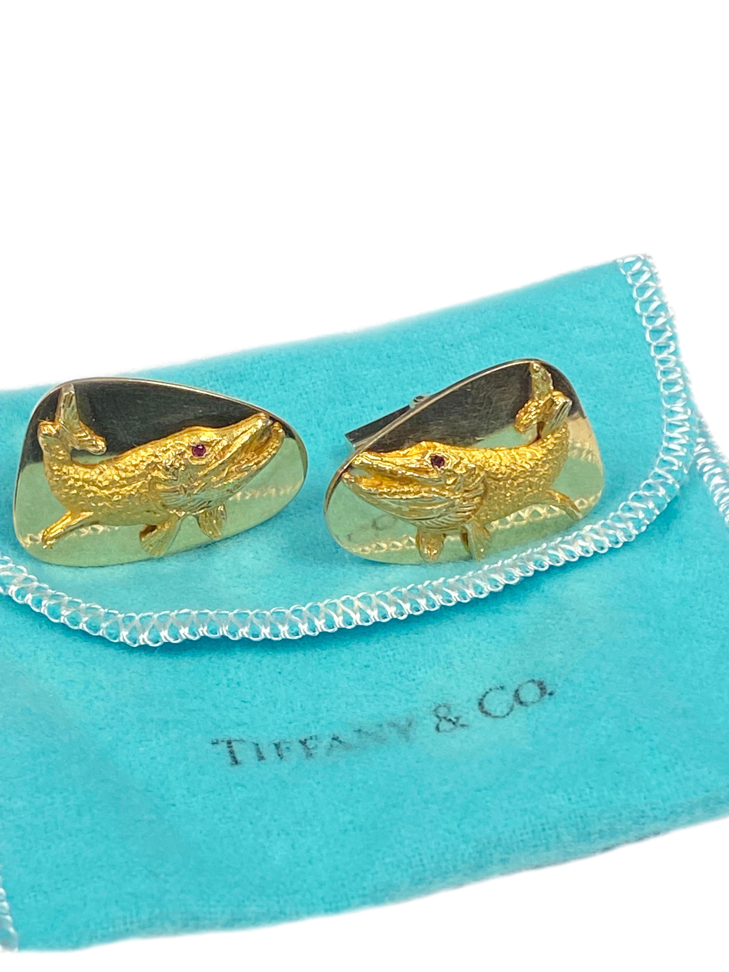 Tiffany & Co. Large Ruby Gold Fish Cuff Links In Excellent Condition In Chicago, IL