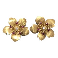 Vintage Tiffany & Co. Large Yellow Gold Ruby and Diamond Flower Earrings