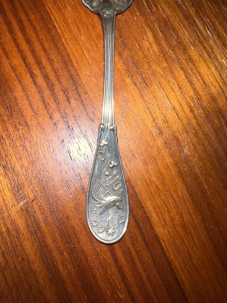 Late 19th Century Tiffany & Co Late 19th C. Sterling Silver Goldwash Japanese Audubon Berry Spoon For Sale