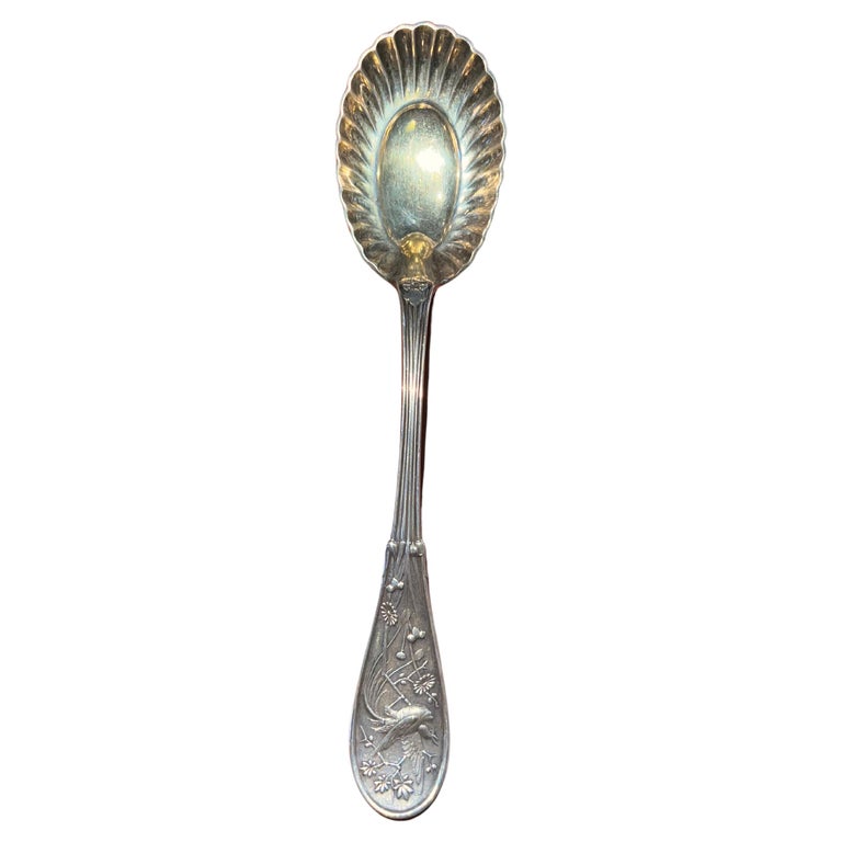 Tiffany & Co Late 19th C. Sterling Silver Goldwash Japanese Audubon Berry Spoon For Sale