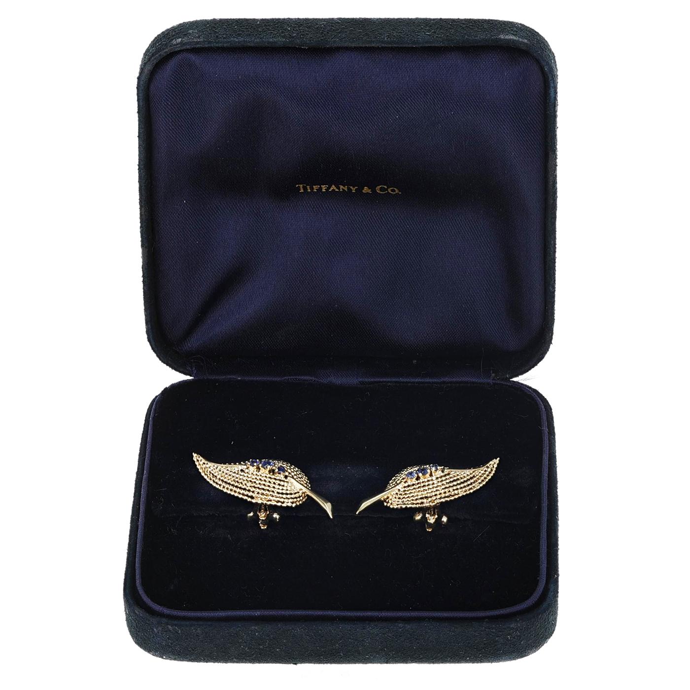 Round Cut Tiffany & Co. Leaf 14k Gold and Sapphire Earrings, with Org. Box For Sale