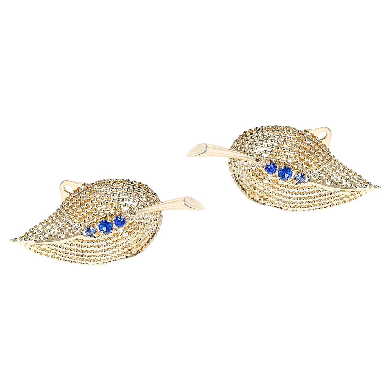 Tiffany & Co. Boucles d'oreilles feuille en or 14k et saphir, avec ornement Org. Boîte et coffret