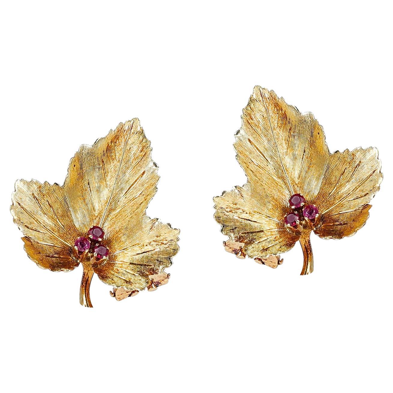 Tiffany & Co. Leaf Earrings with Ruby, 18k For Sale