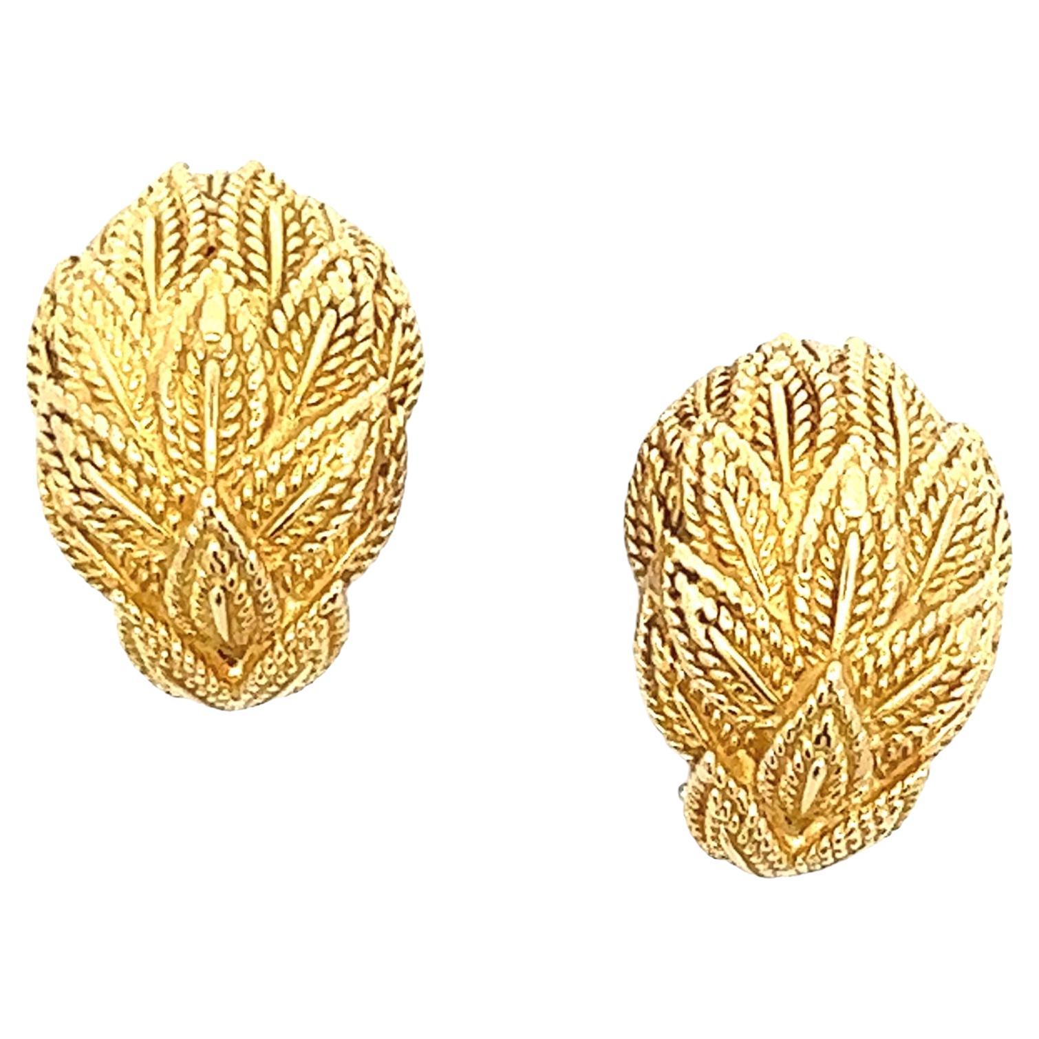 Tiffany & Co. Leaf Motif Textured 18 Karat Yellow Gold Earclip Estate Earrings