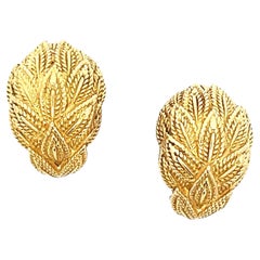 Vintage Tiffany & Co. Leaf Motif Textured 18 Karat Yellow Gold Earclip Estate Earrings