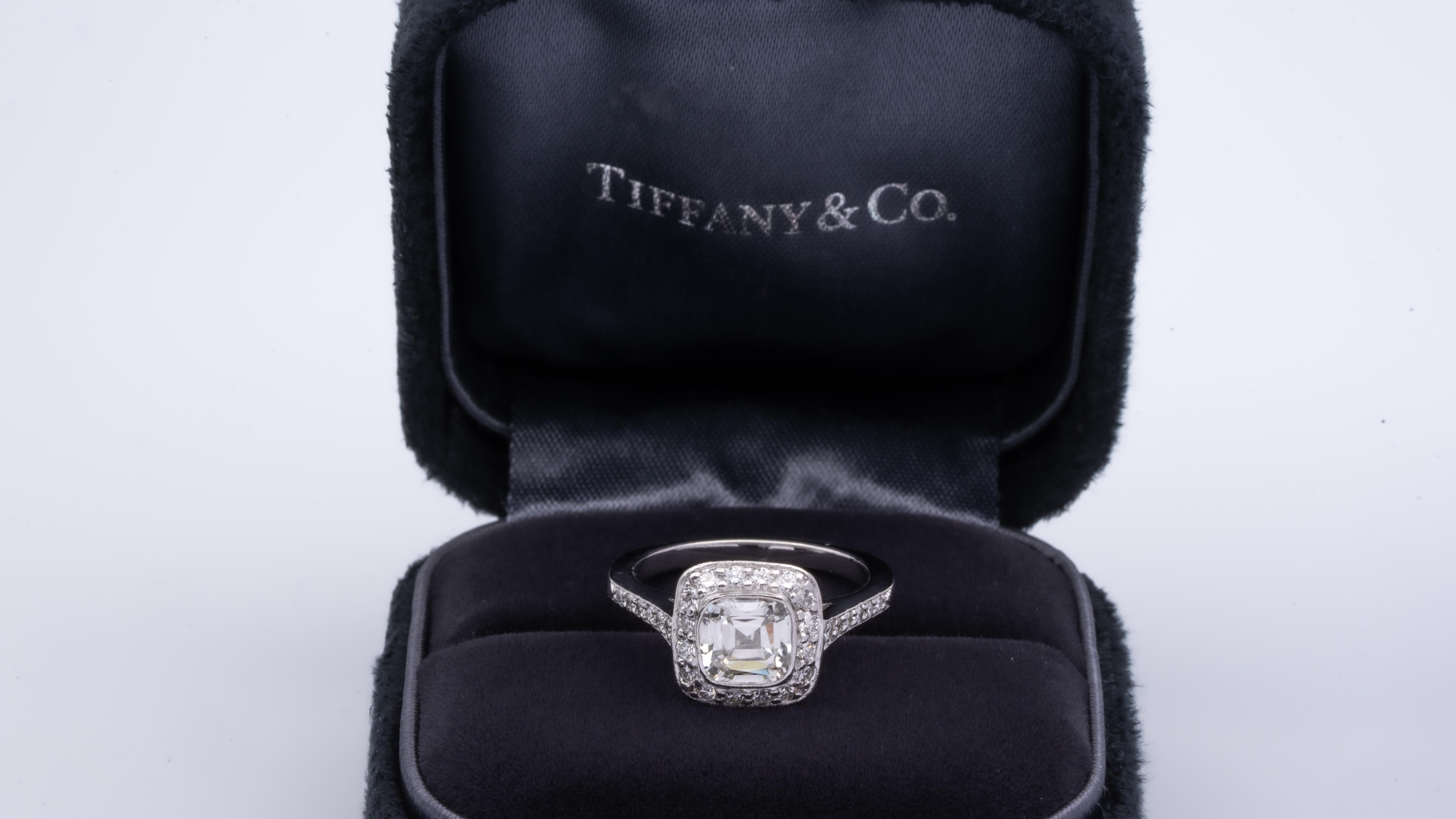 Tiffany & Co. Engagement Ring Legacy 1.70 Total cts. With Cushion Center In Excellent Condition In New York, NY