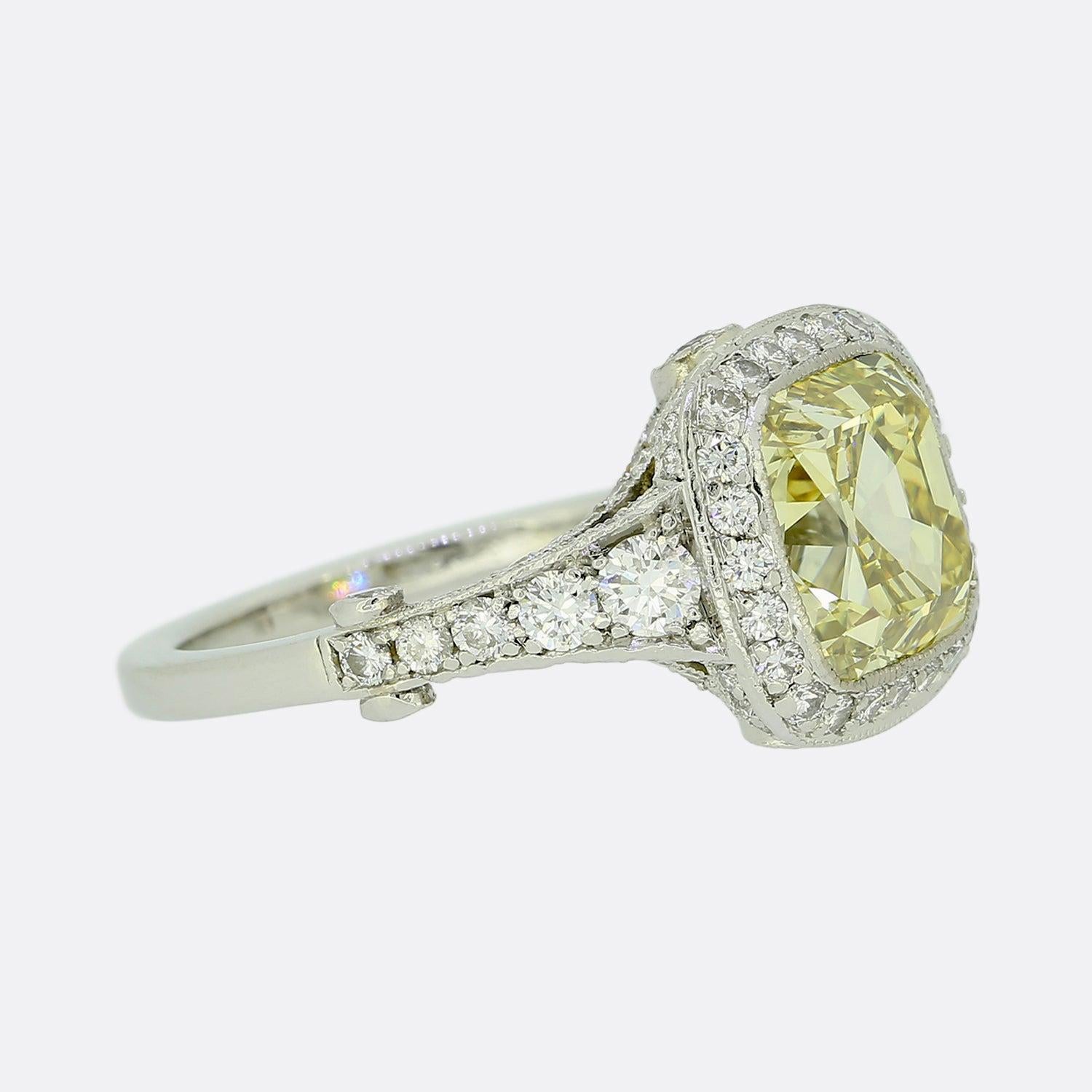 Cushion Cut Tiffany & Co. Legacy 4.00 Carat Fancy Intense Yellow Diamond Engagement Ring For Sale