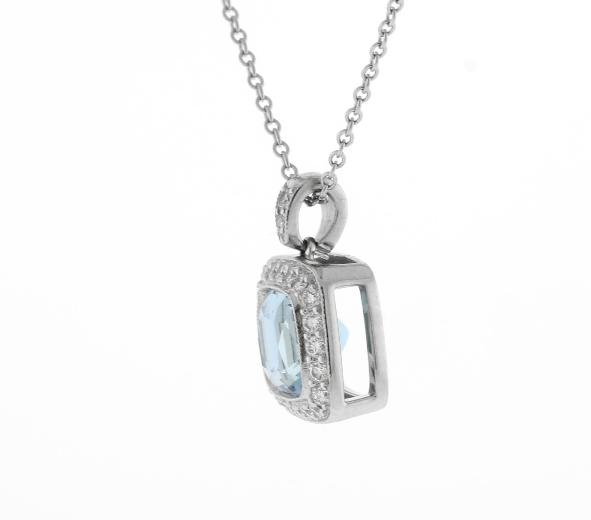 From Tiffany & Co.'s Legacy collection thier Aquamarine and diamond pendant necklace.
♦ Designer: Tiffany & Co.
♦ Metal: Platinum
♦ Circa2005
♦ Aquamarine weighs 2 carats
♦ Pendant 7/16 of an inch square, chain 16 inches 
♦ 22Damond=.30 carats
♦