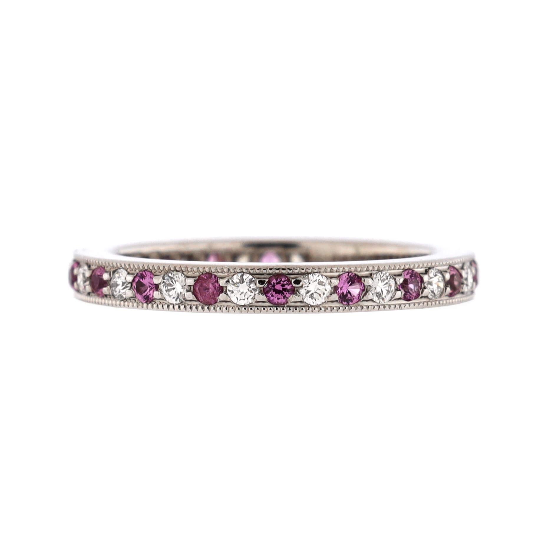 Condition: Great. Minor wear throughout.
Accessories: No Accessories
Measurements: Size: 4.5, Width: 2.20 mm
Designer: Tiffany & Co.
Model: Legacy Band Ring Platinum with Pink Sapphires and Diamonds 2mm
Exterior Color: Silver
Item Number: 206772/14