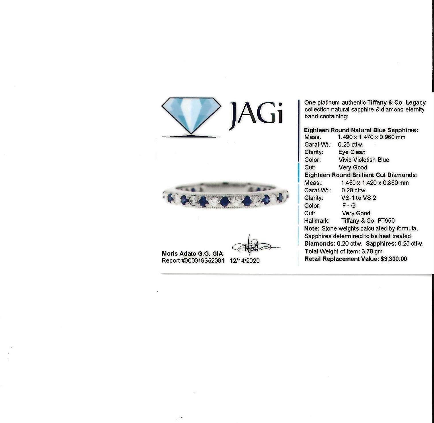 Tiffany & Co. Legacy Collection Sapphire/ Diamond Eternity Band Ring in Platinum 1