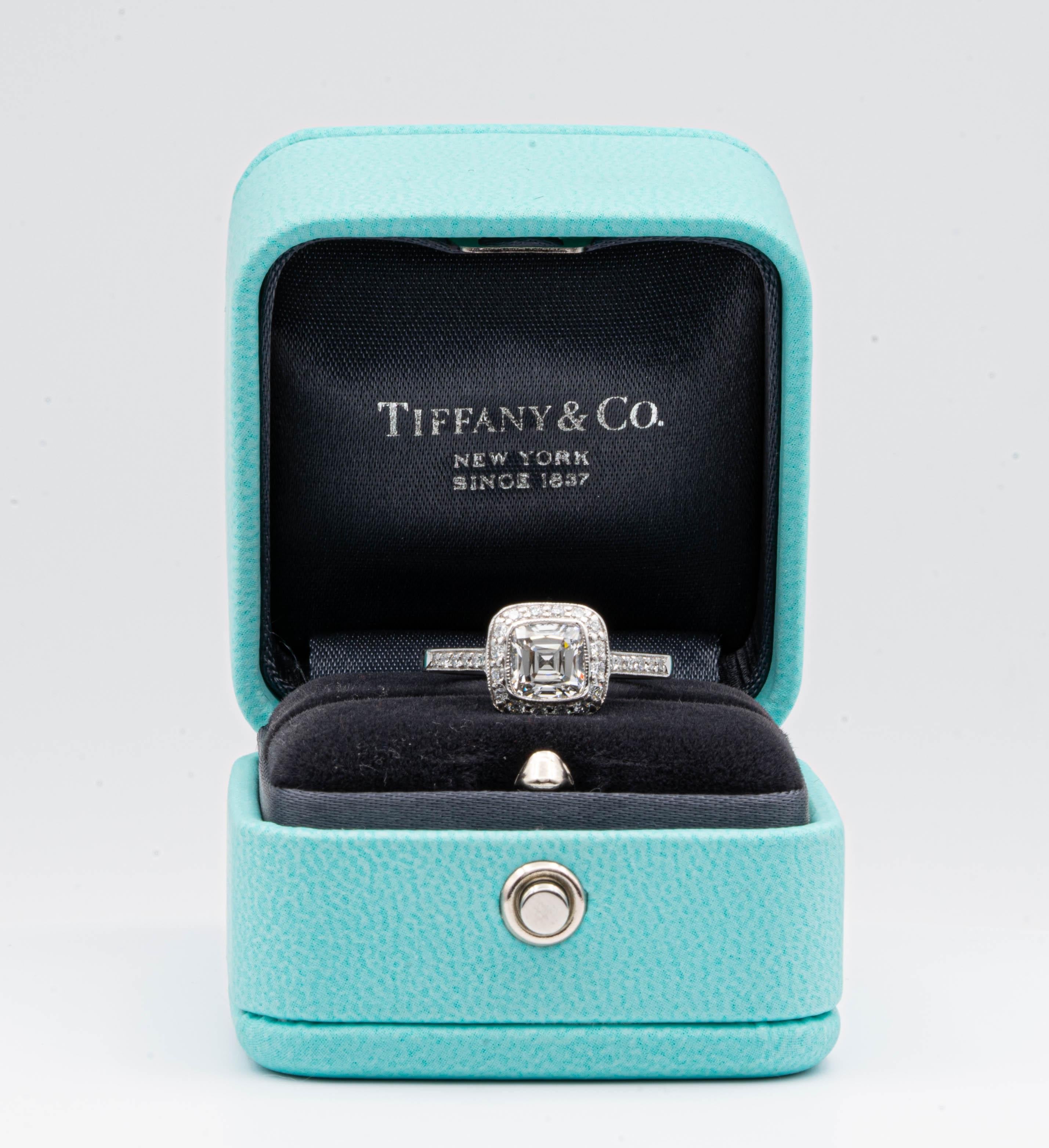 Tiffany & Co. Legacy Cushion Diamond Engagement Ring 1.54 Ct Total G VS2 Ex Cut In Excellent Condition In New York, NY