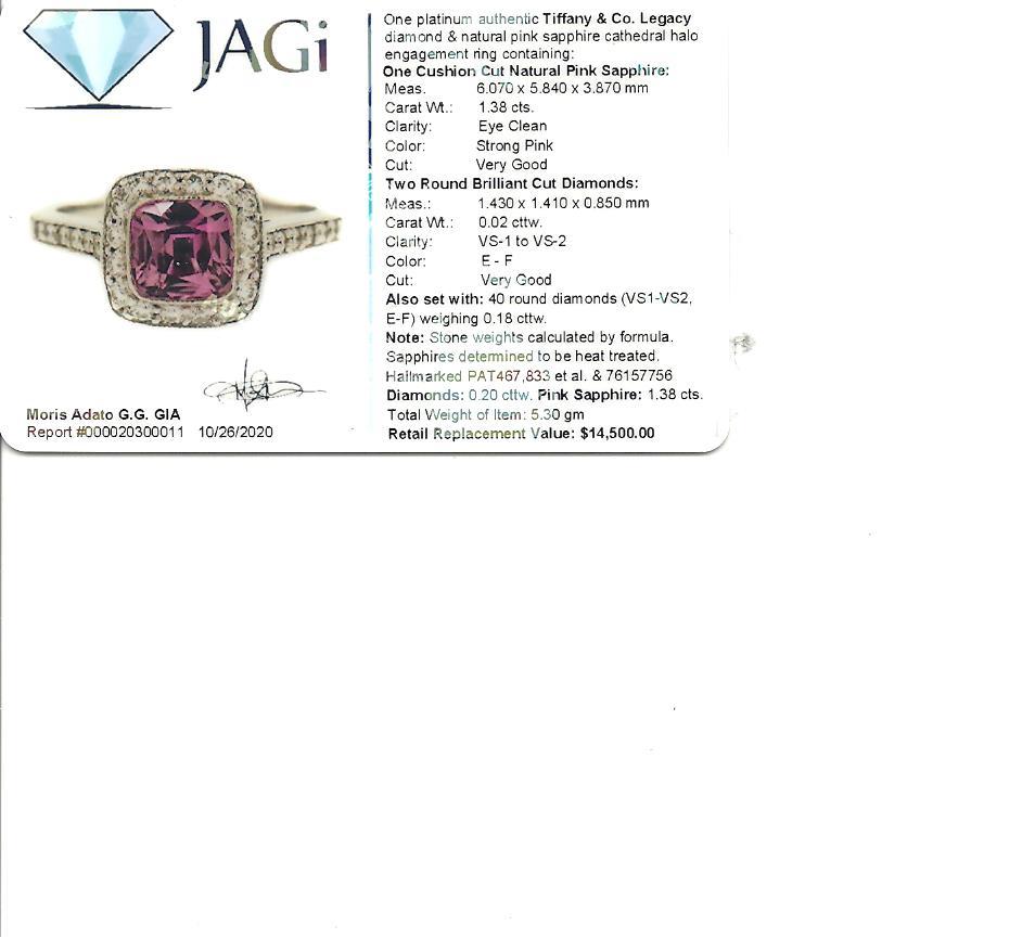 Tiffany & Co. Legacy Bague en platine avec saphir rose et halo de diamants, taille 4,5 en vente 10